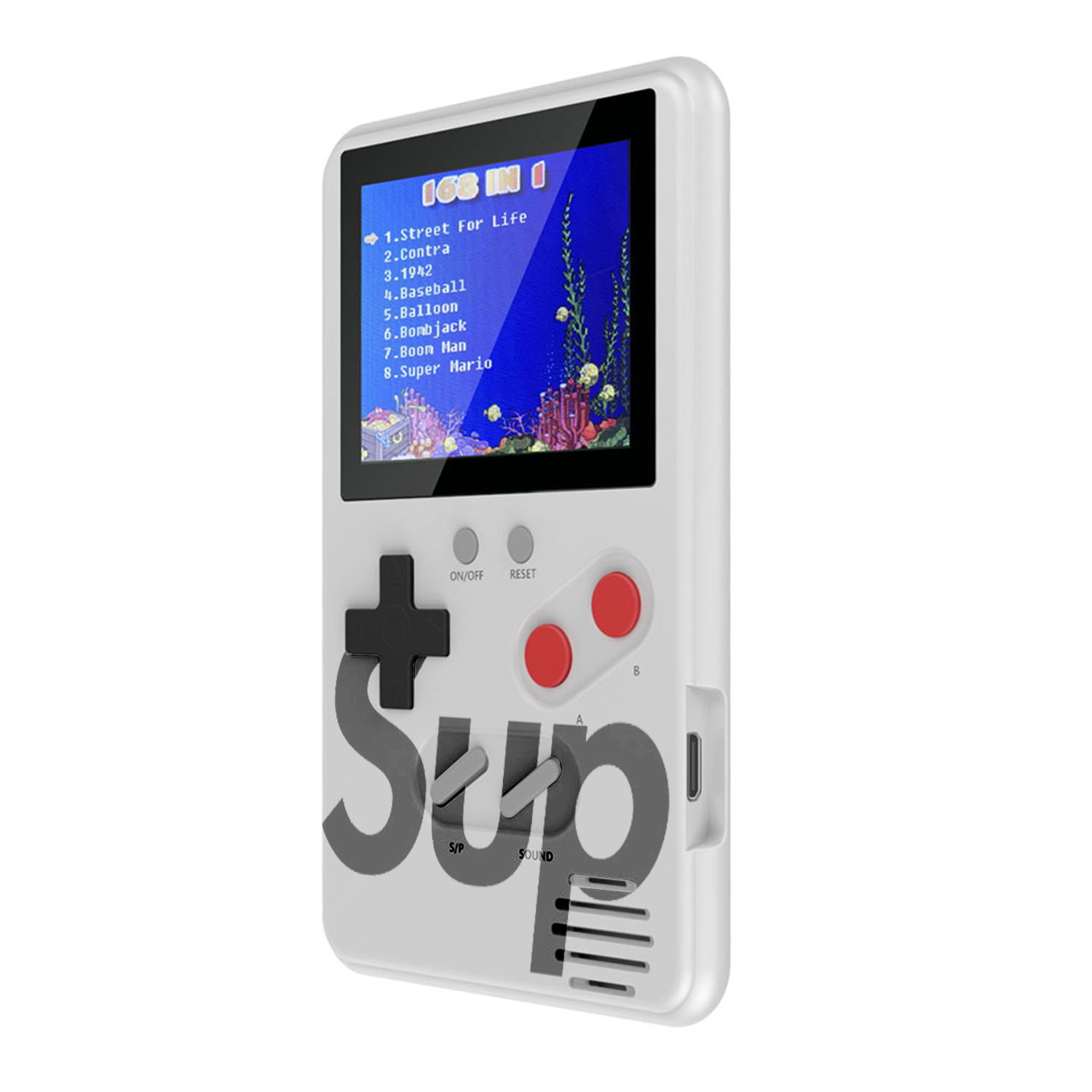Consola de juegos portátil blanca, mostrando un menú de juegos. Cruz negra, botones y logo SUP.