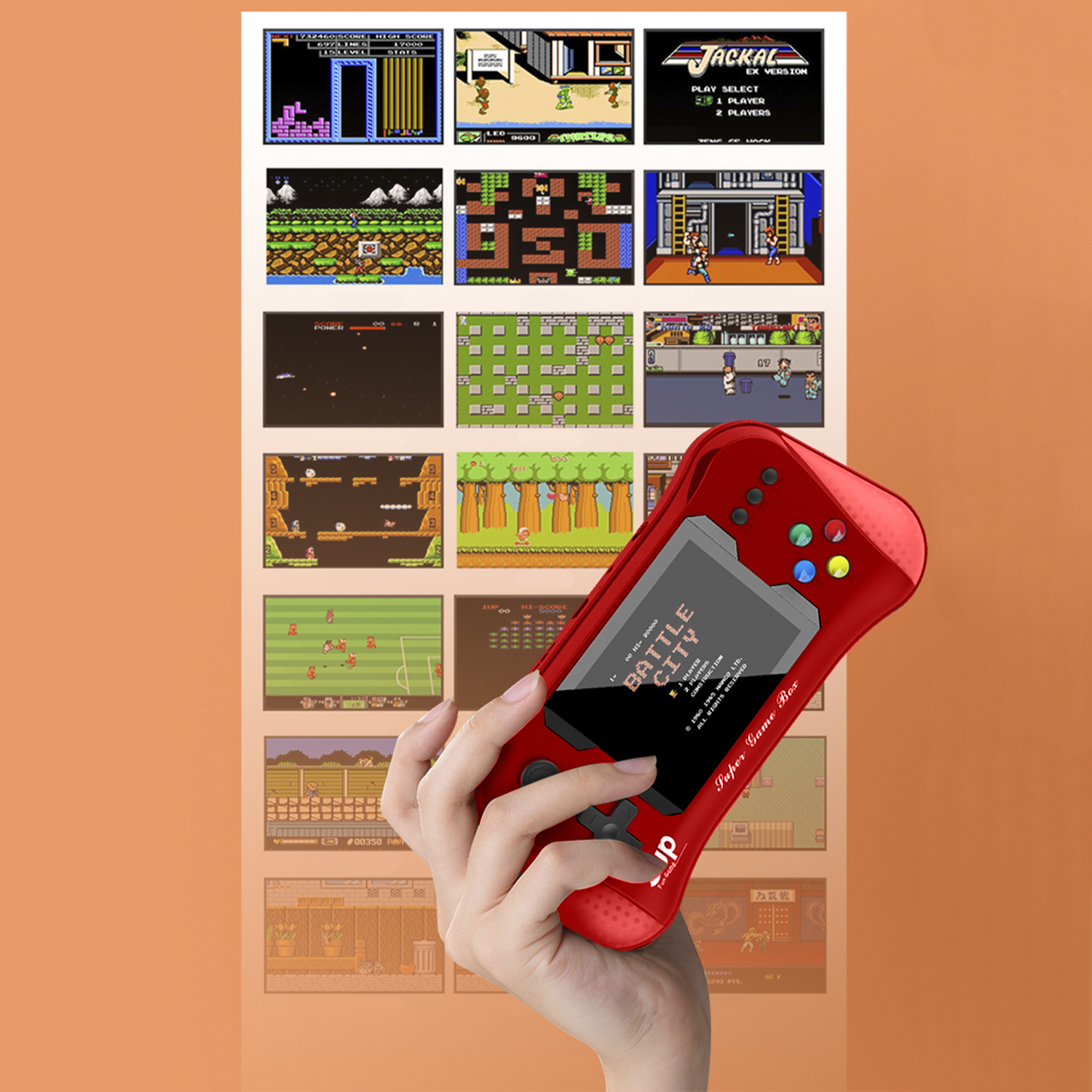 Mano sosteniendo consola de juegos portátil roja mostrando capturas de juegos retro.