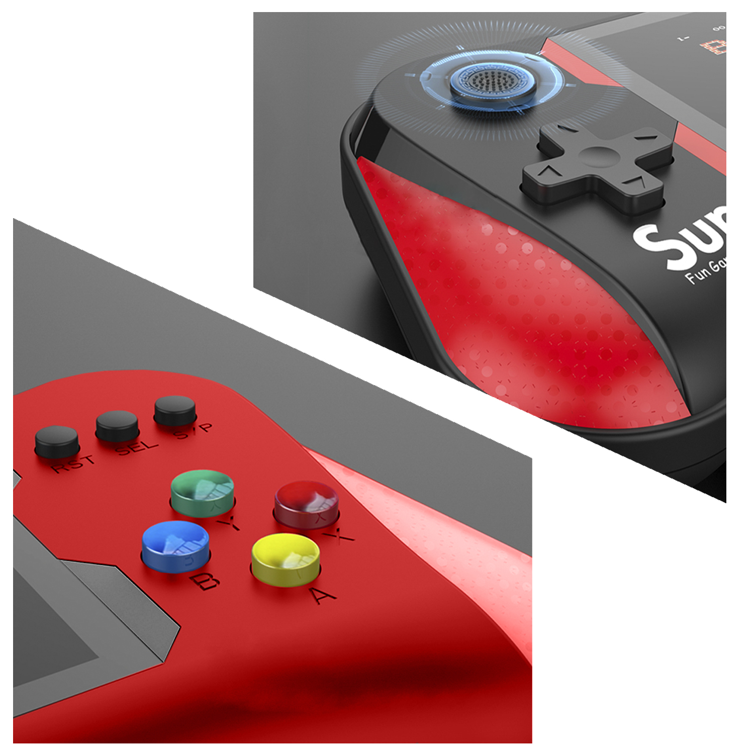 Primer plano de un gamepad rojo y negro con botones de colores. El fondo es gris oscuro.