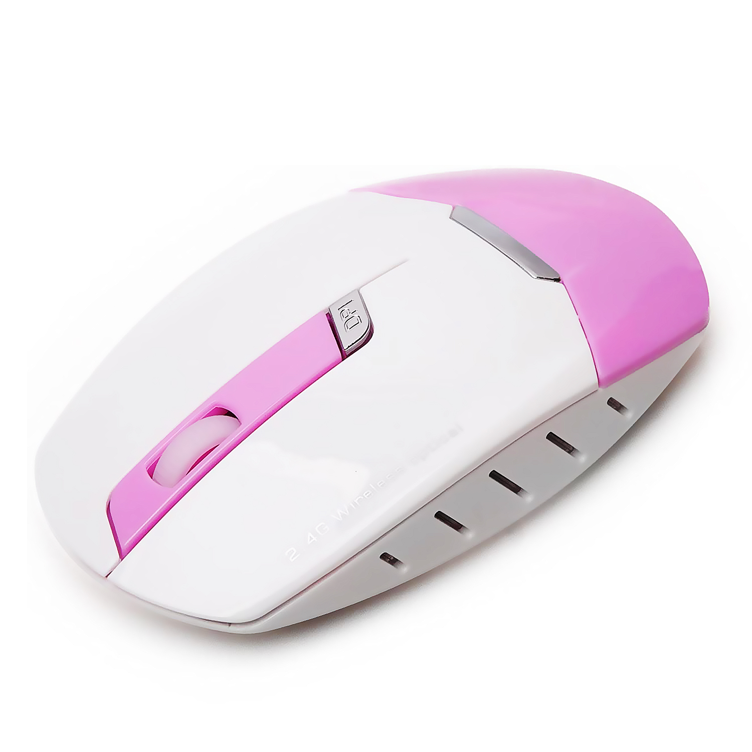 Ratón inalámbrico blanco y rosa, con rueda y botón DPI, fondo blanco.