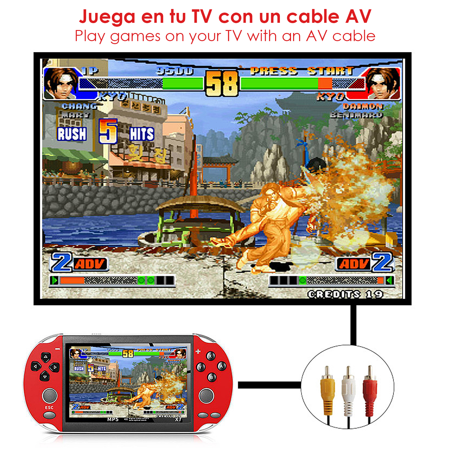 Consola portátil retro jugando un juego de lucha en una pantalla de TV con cables de conexión.