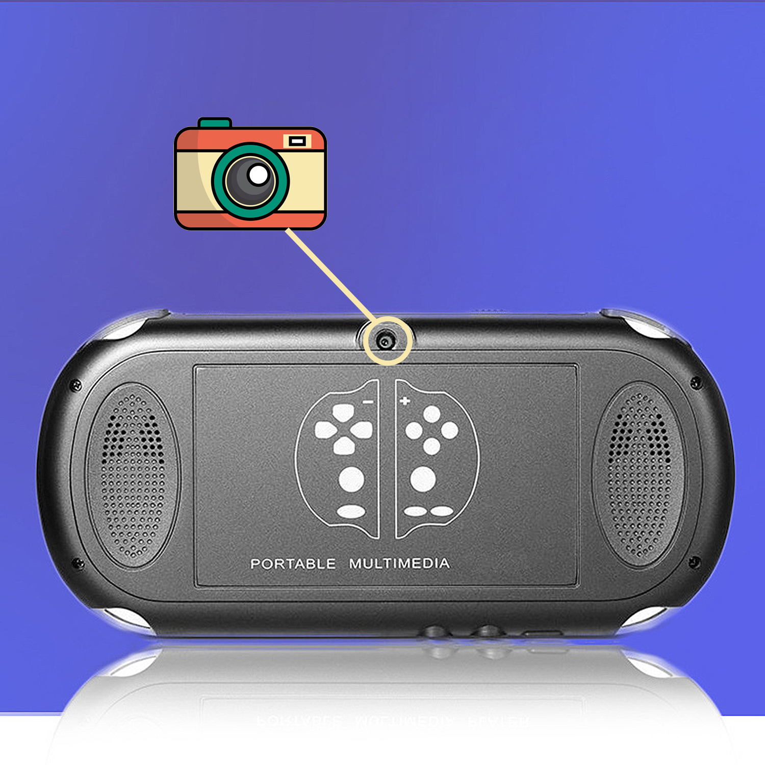 Una consola multimedia portátil con cámara trasera y botones de control.