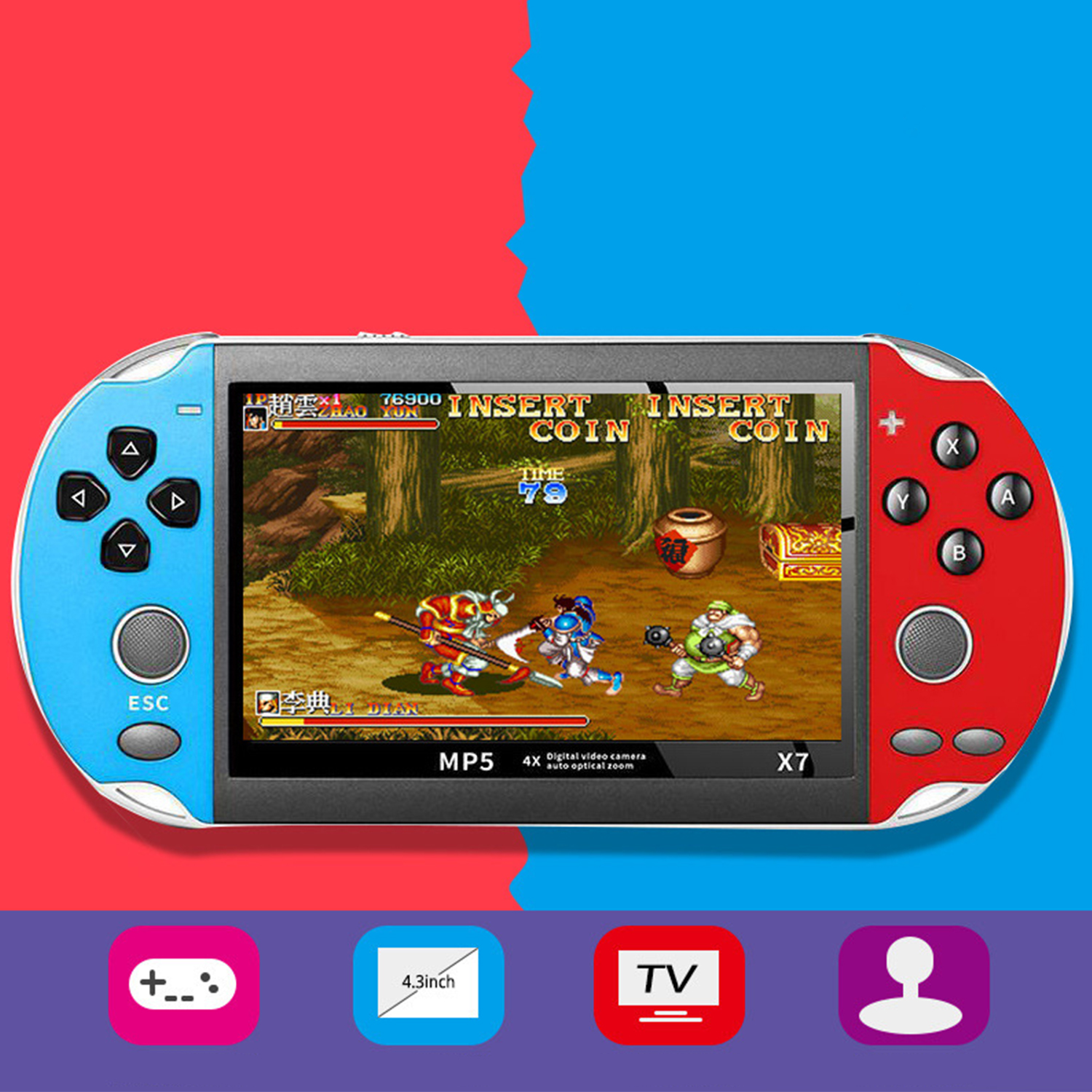 Una consola de juegos portátil con una pantalla que muestra un juego de lucha. Tiene botones de colores y una cruceta.