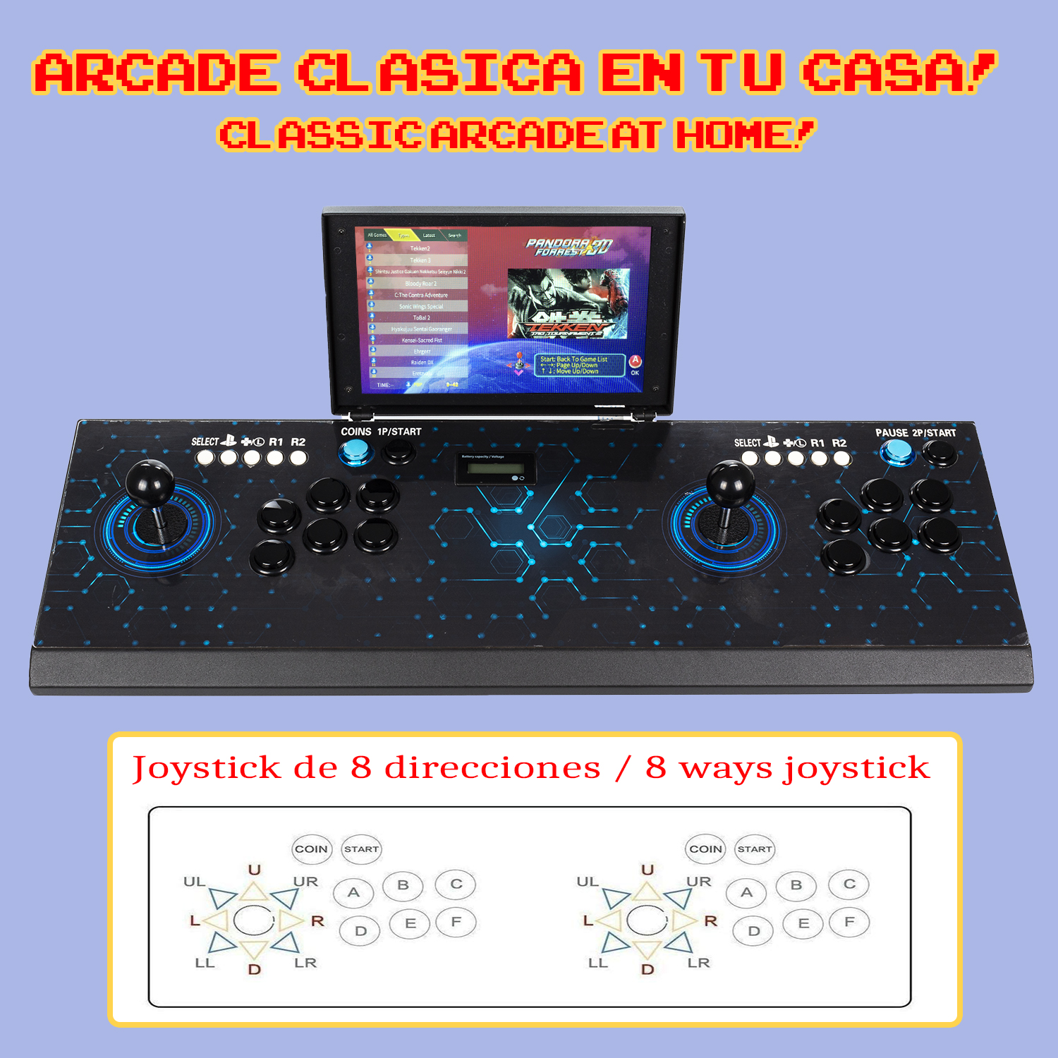 Consola de juegos arcade negra con joysticks y botones. La pantalla muestra el menú del juego.