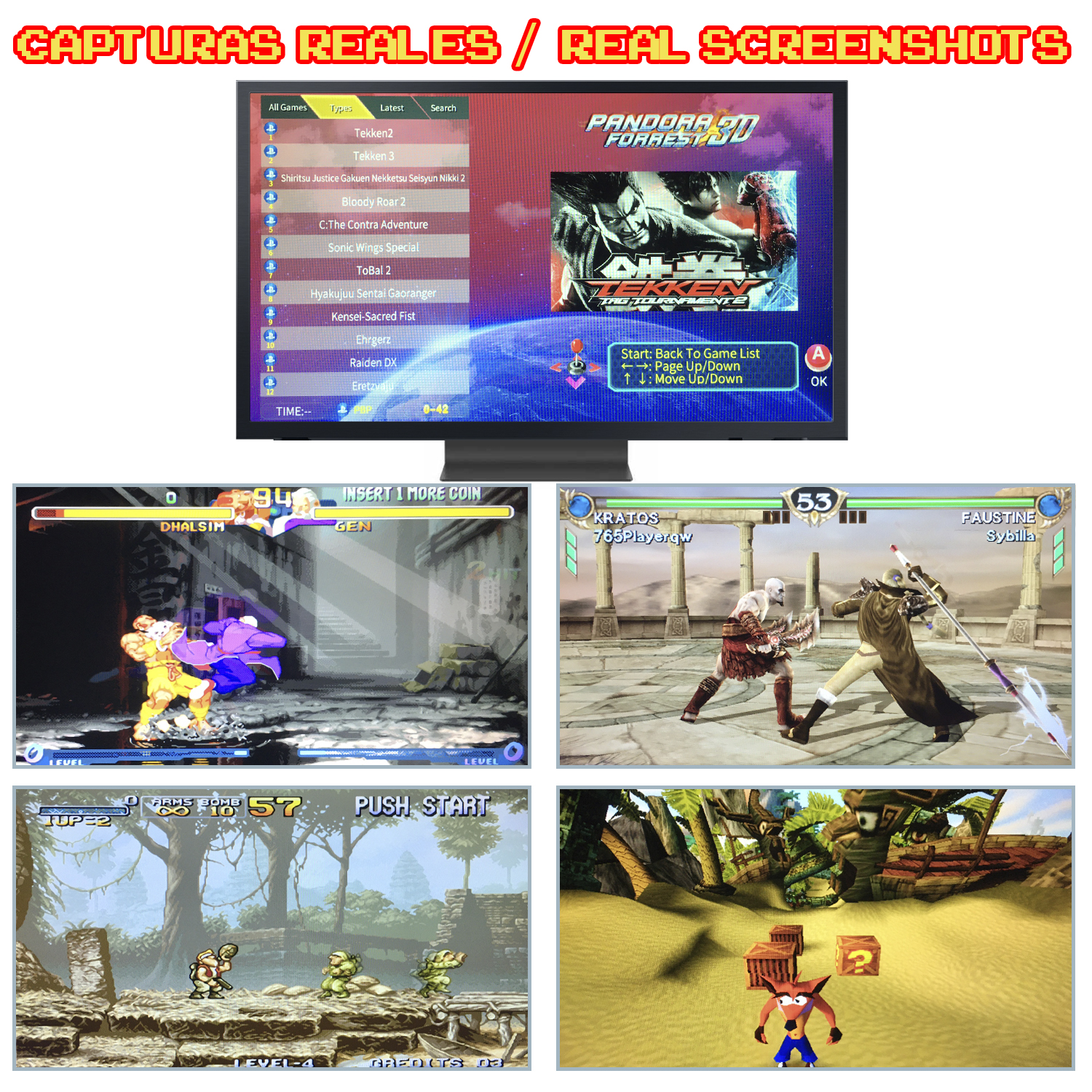 Capturas de pantalla de varios juegos de arcade en una pantalla. Los juegos incluyen Tekken, Street Fighter y Crash Bandicoot.