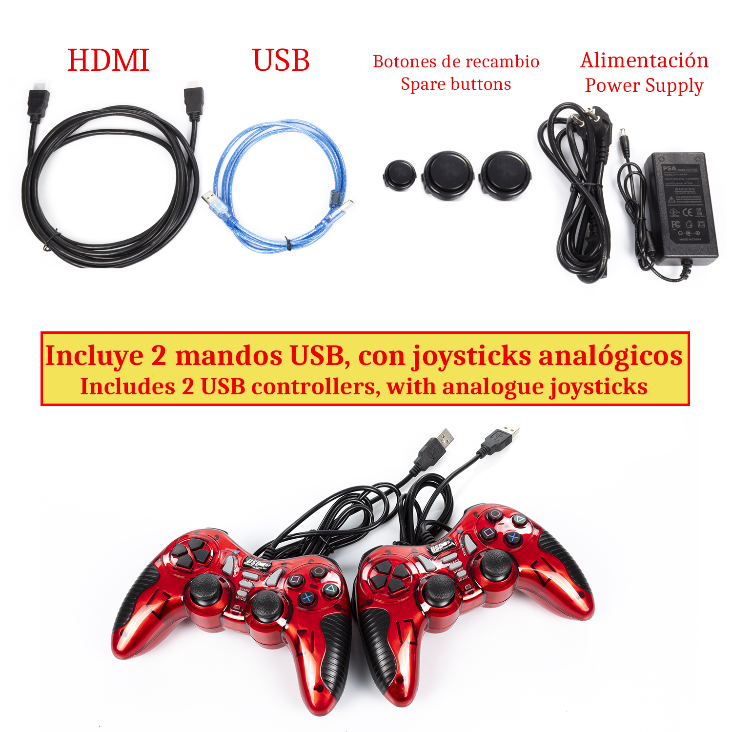 Mandos USB, cables y fuente de alimentación dispuestos en una superficie blanca. Etiquetas de texto identifican cada componente.