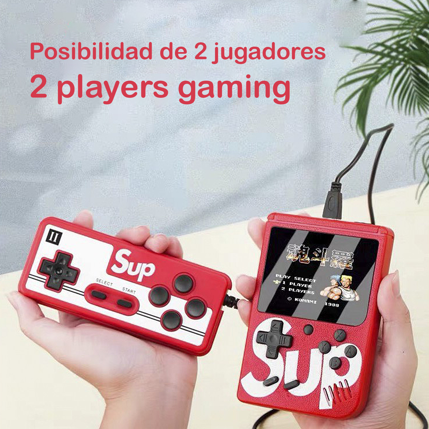 Dos consolas de juegos Sup portátiles rojas conectadas. Texto dice '2 players gaming' en español e inglés.