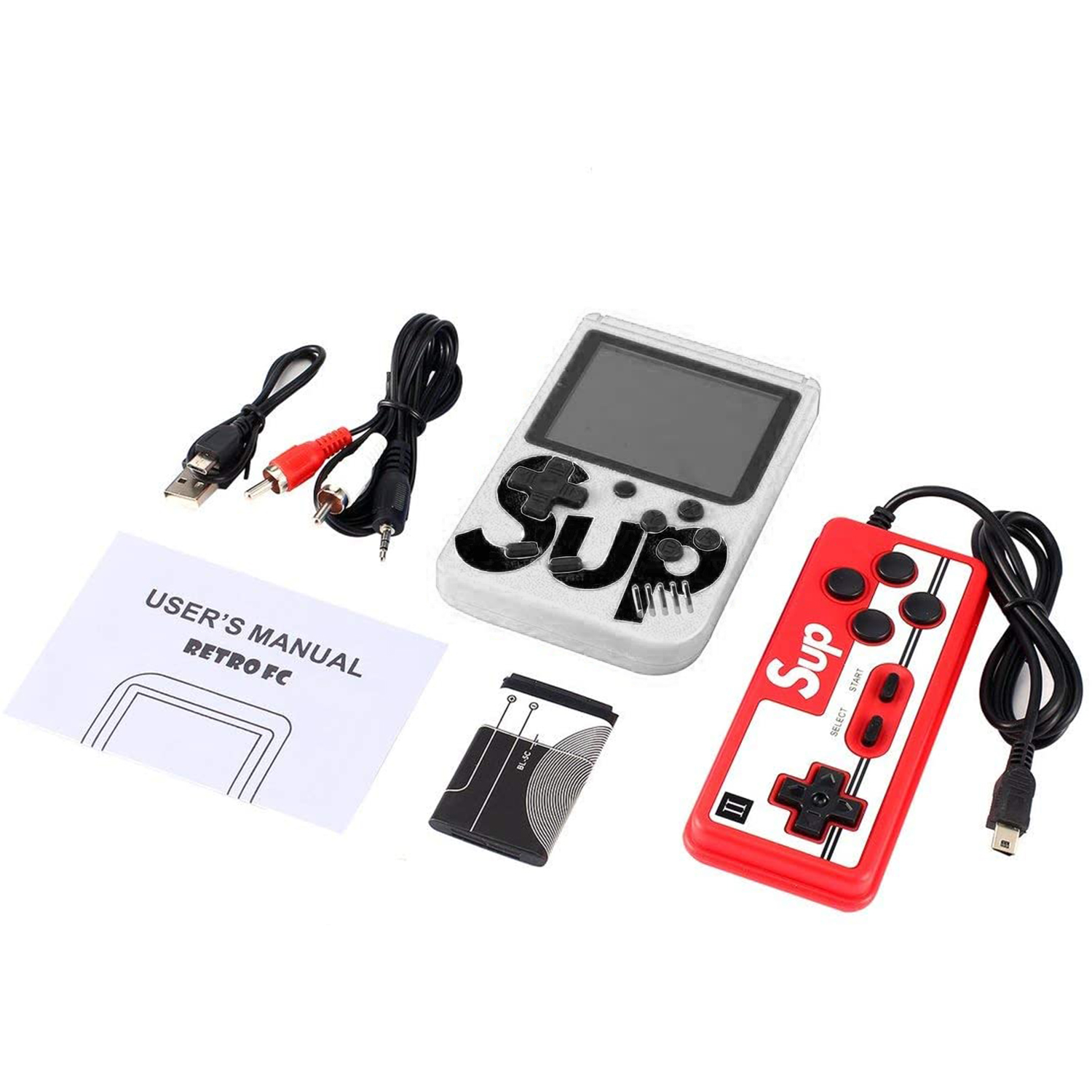 Consola de juegos portátil retro con accesorios: controlador, batería y cables.