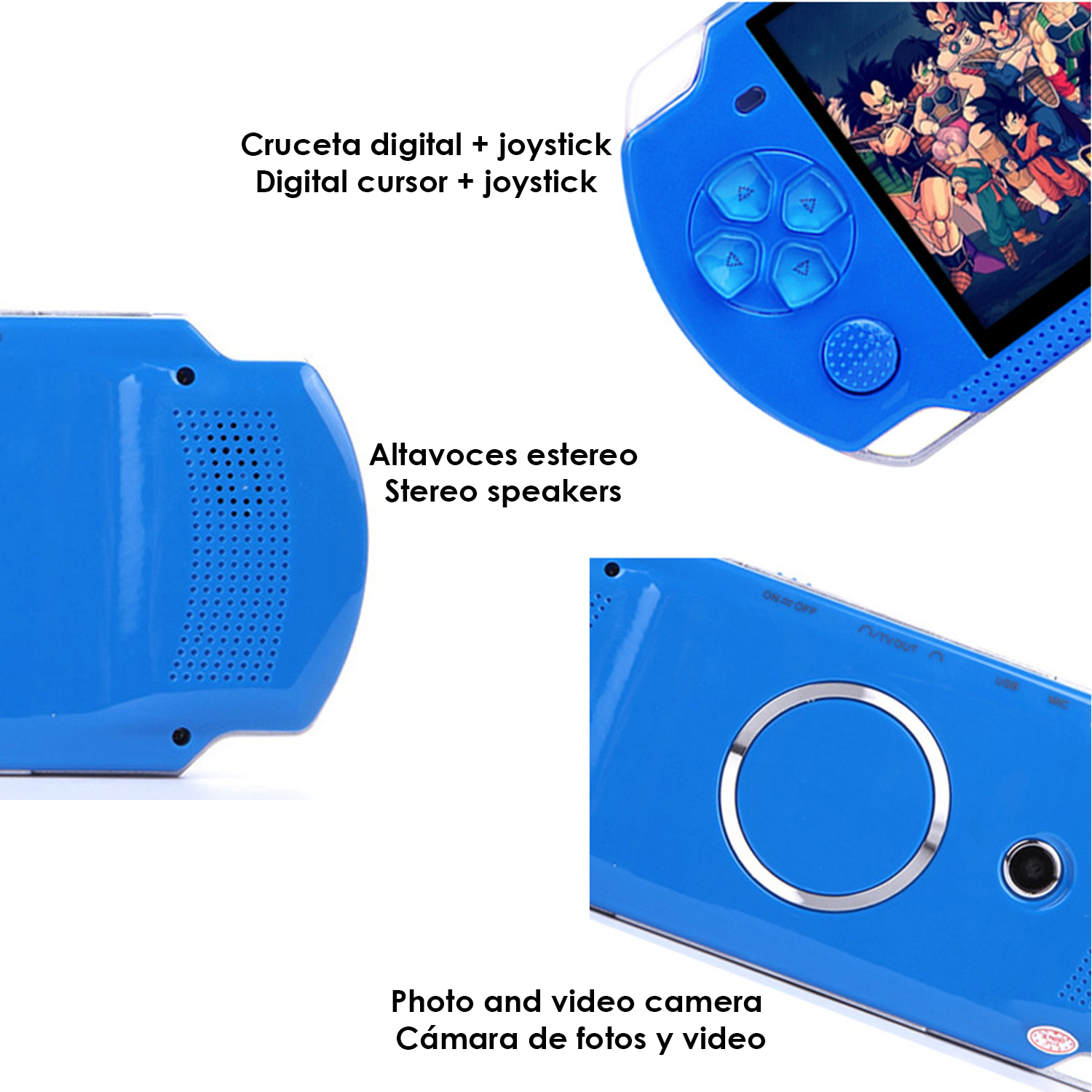Consola de juegos portátil azul con pantalla, botones y joystick. Altavoces estéreo y cámara.
