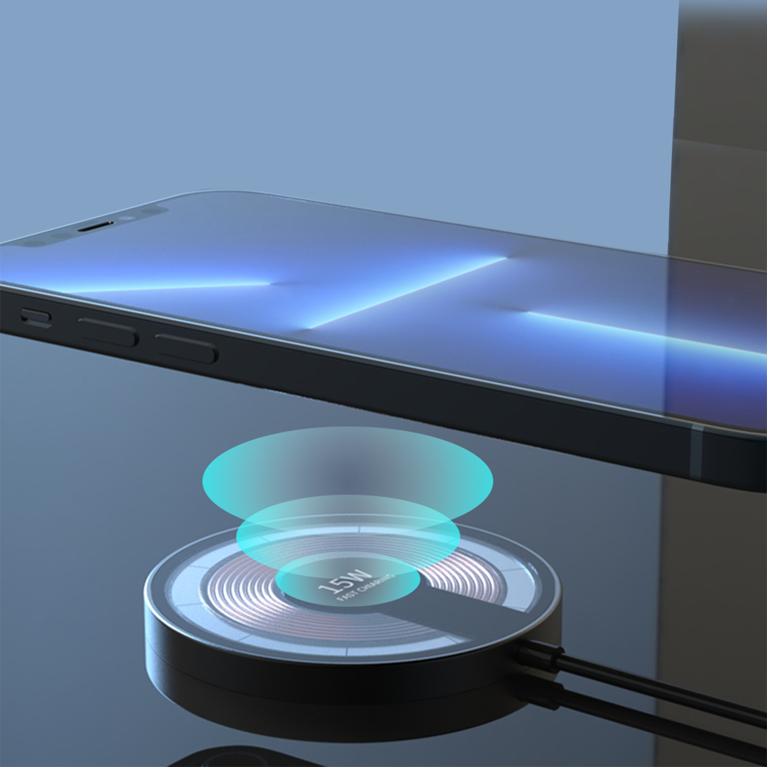 Un teléfono inteligente cargando de forma inalámbrica, en una base de carga inalámbrica. La base muestra carga rápida de 15W.