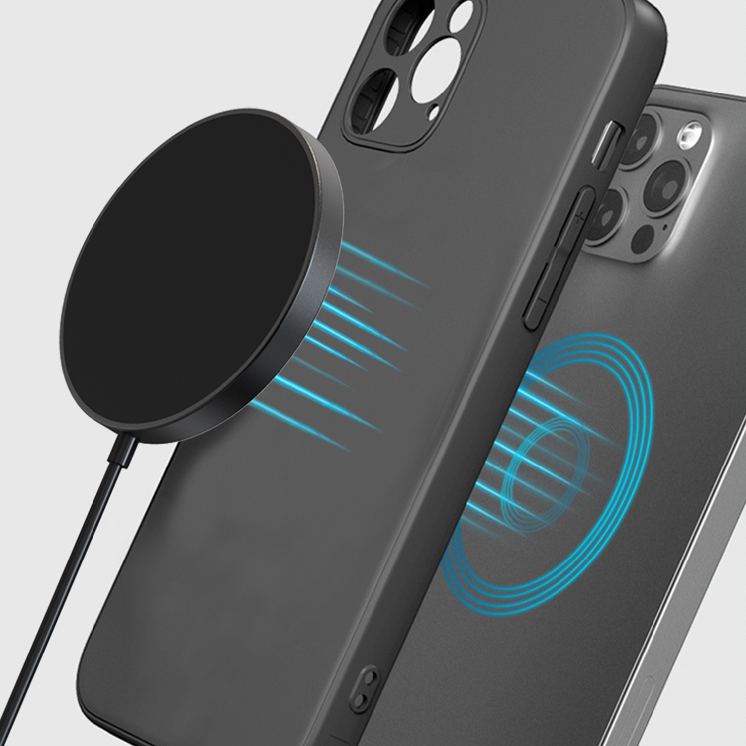Dos fundas de teléfono y una plataforma de carga. Una funda es negra, y la otra está unida a la plataforma.
