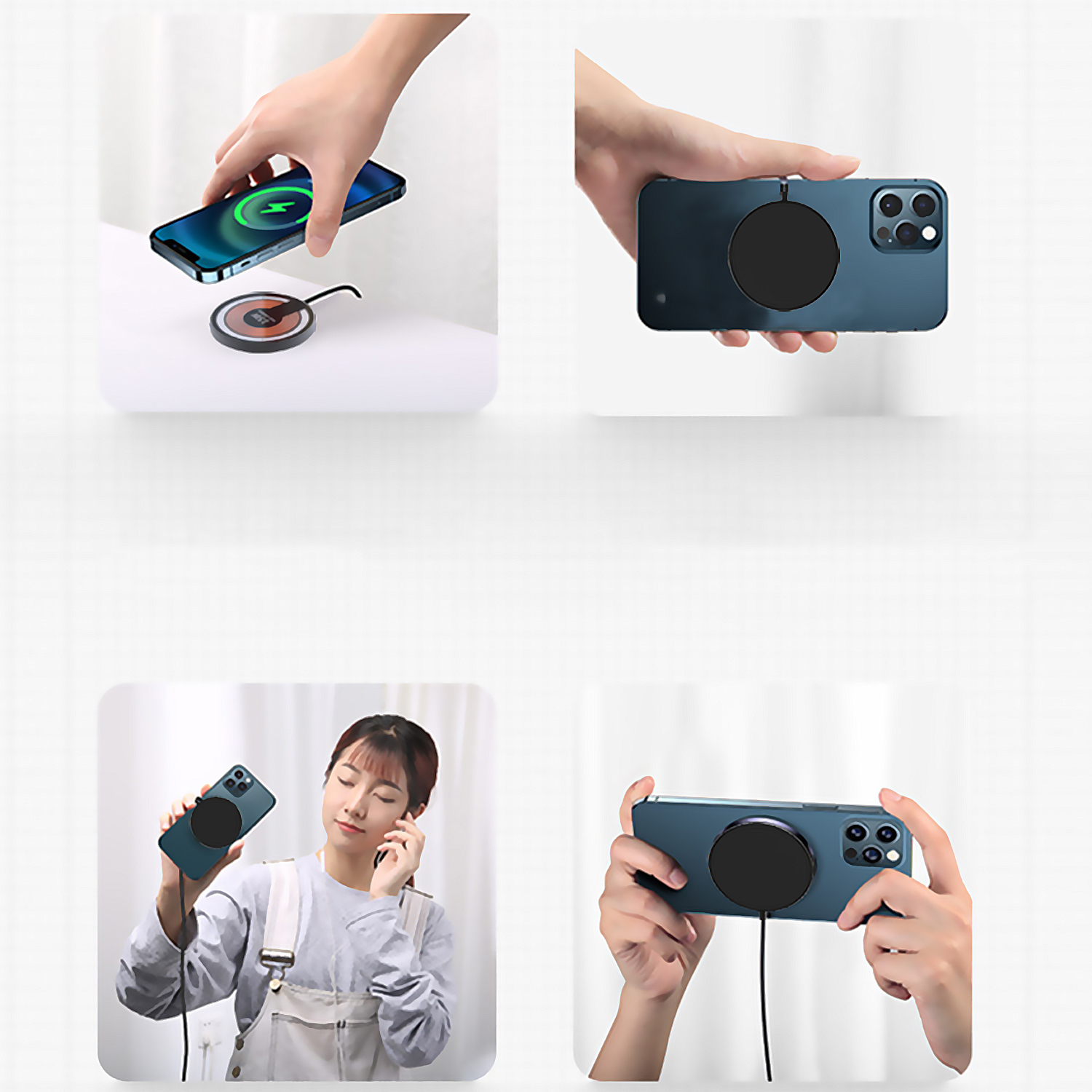 Fotos muestran un teléfono cargando de forma inalámbrica con un cargador negro, y una mujer sosteniendo un teléfono con un cargador.