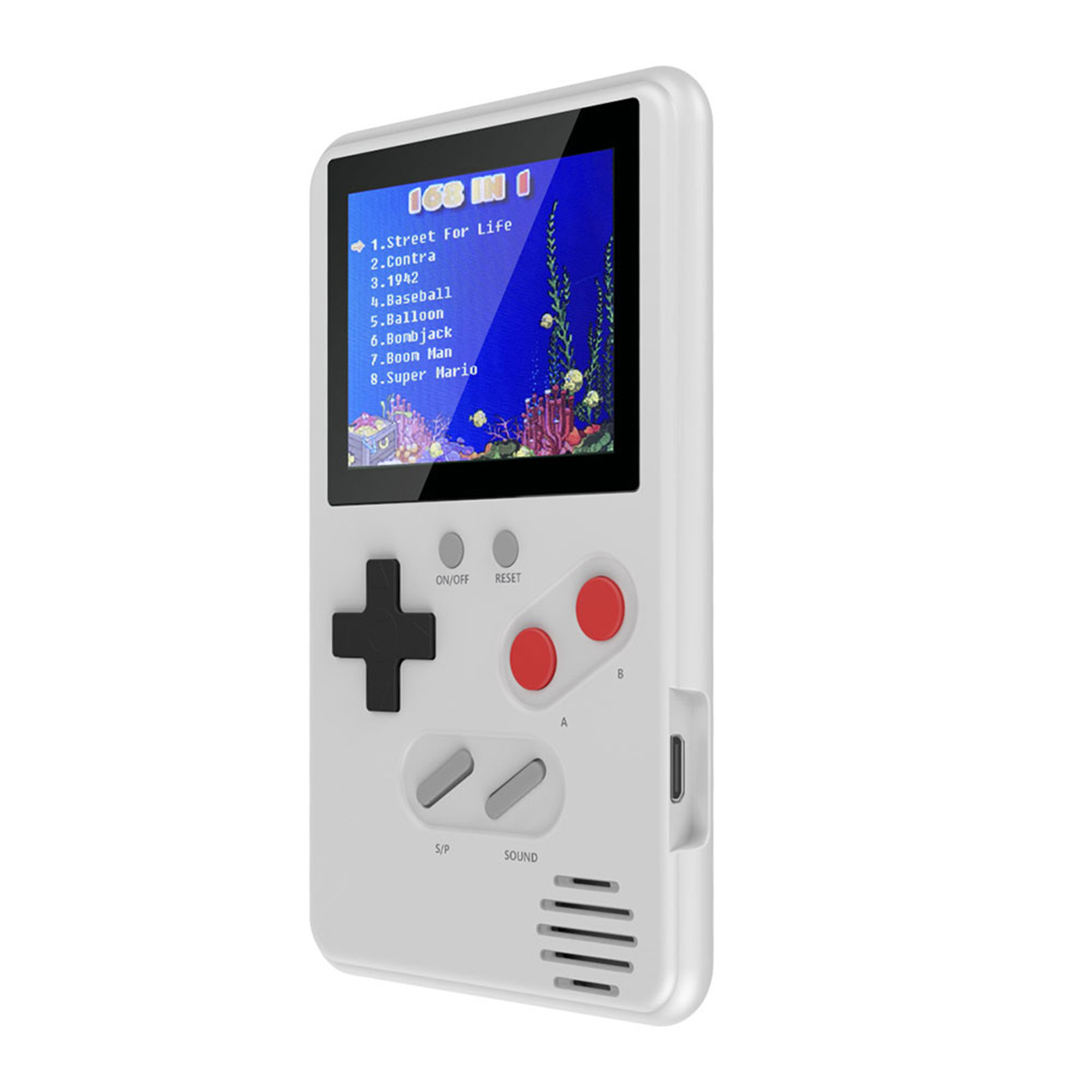 Consola de juegos portátil blanca que muestra un menú de juegos en su pantalla, con botones y puerto.