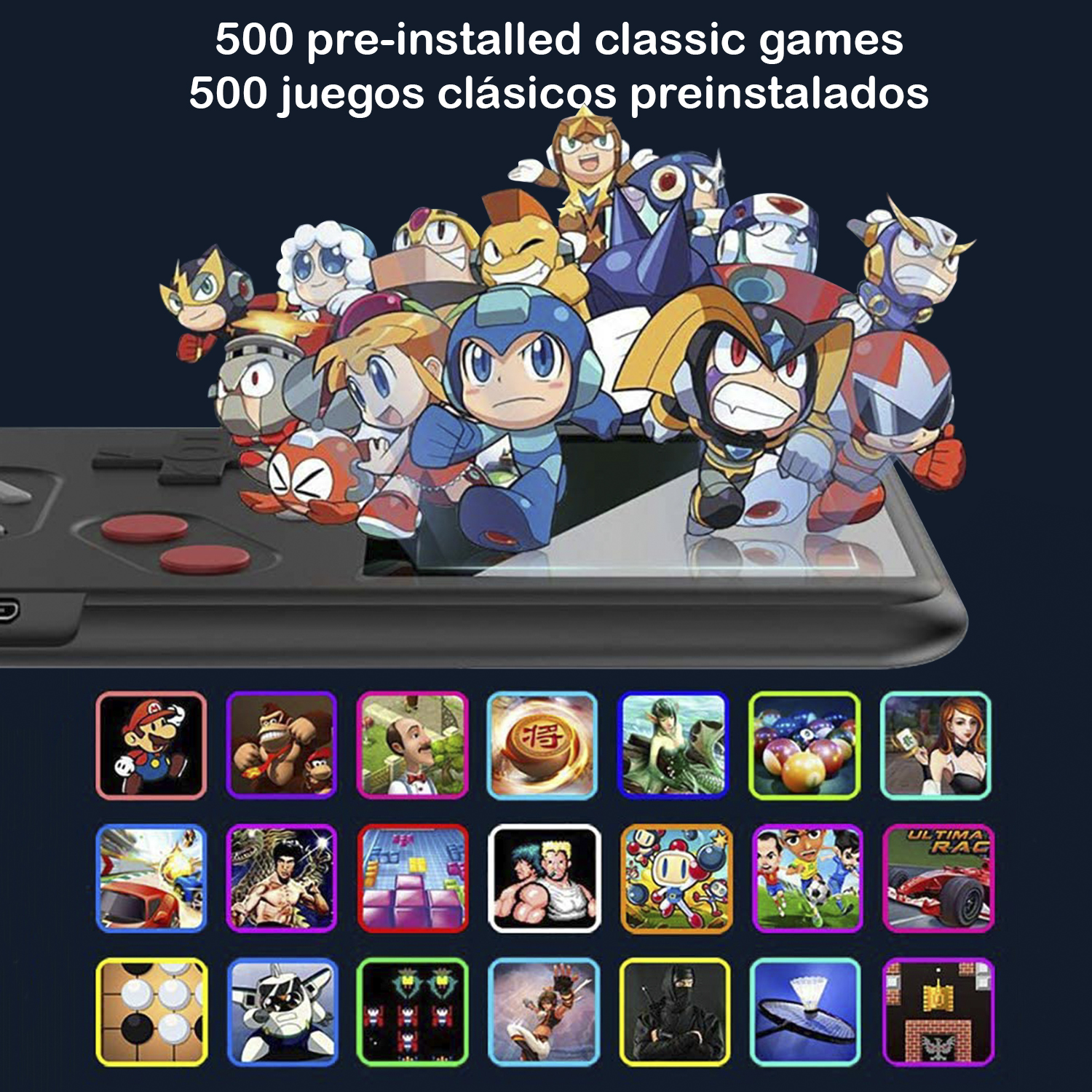 Una consola de juegos con múltiples iconos de juegos dispuestos sobre un fondo oscuro.