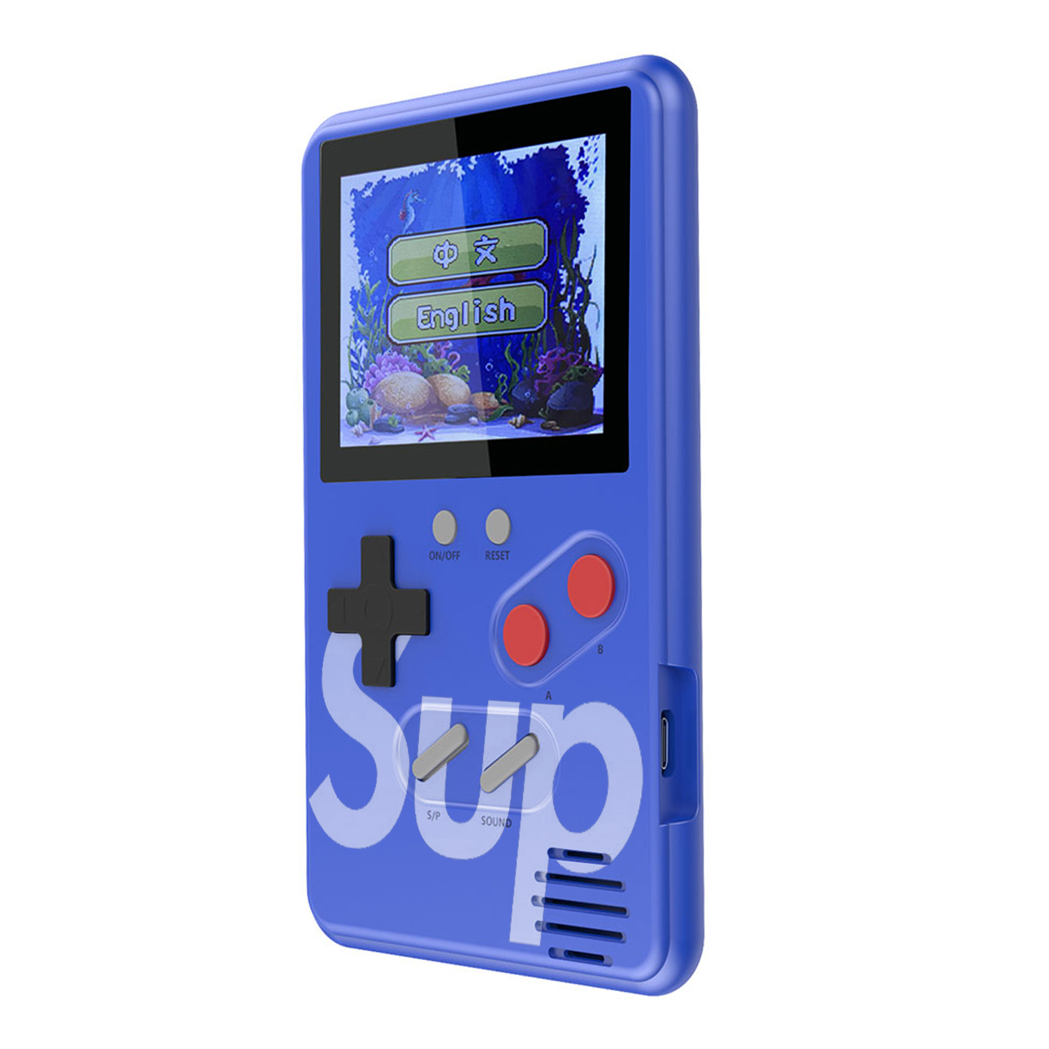 Una consola de juegos portátil azul con una pantalla que muestra una escena submarina. Tiene botones y una cruceta.