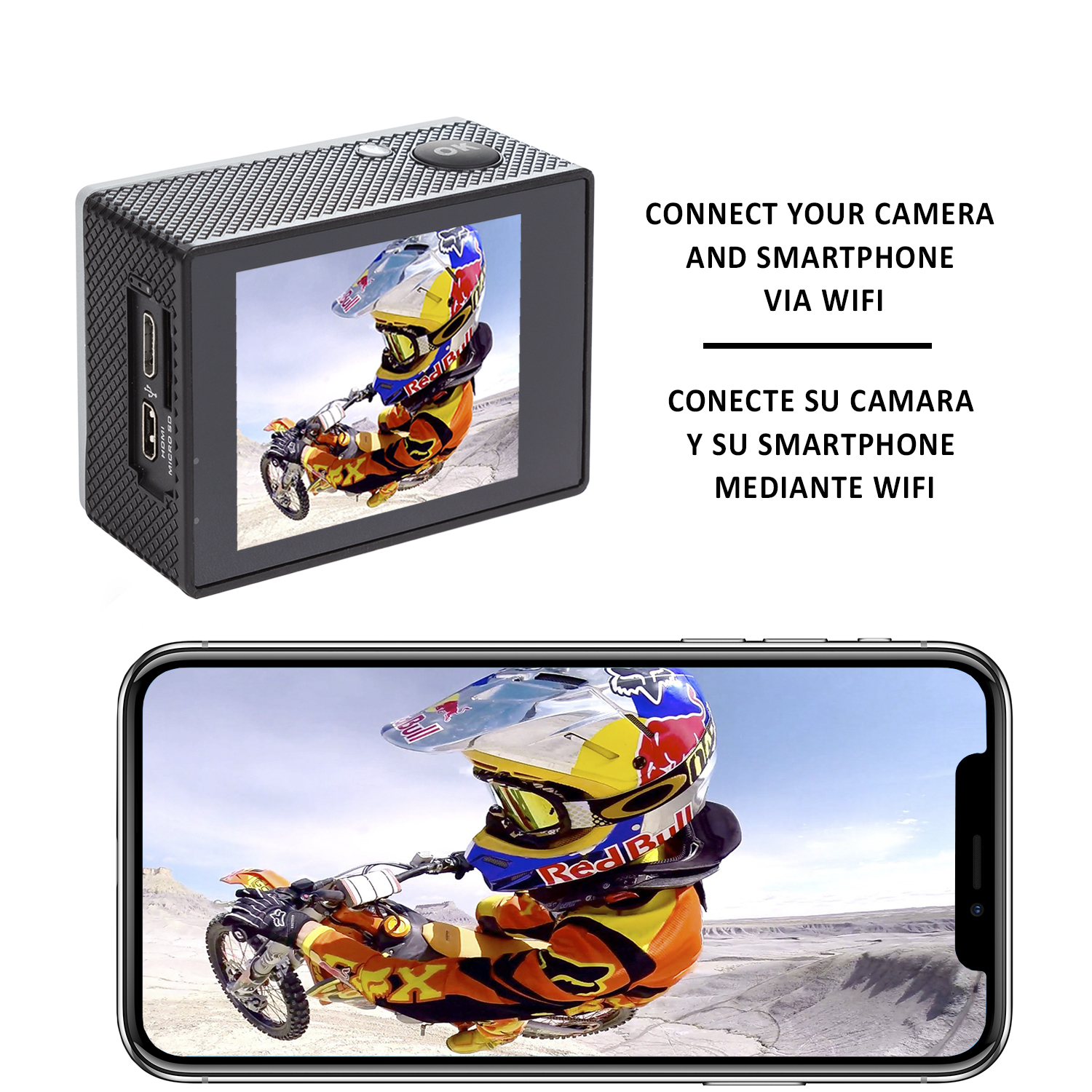 Cámara de acción mostrando un motociclista en su pantalla. Un smartphone muestra la misma imagen por WiFi.