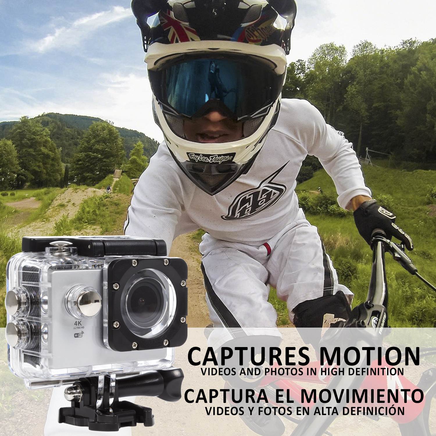 Persona en bicicleta con casco, montando en pista de tierra, con cámara adjunta.