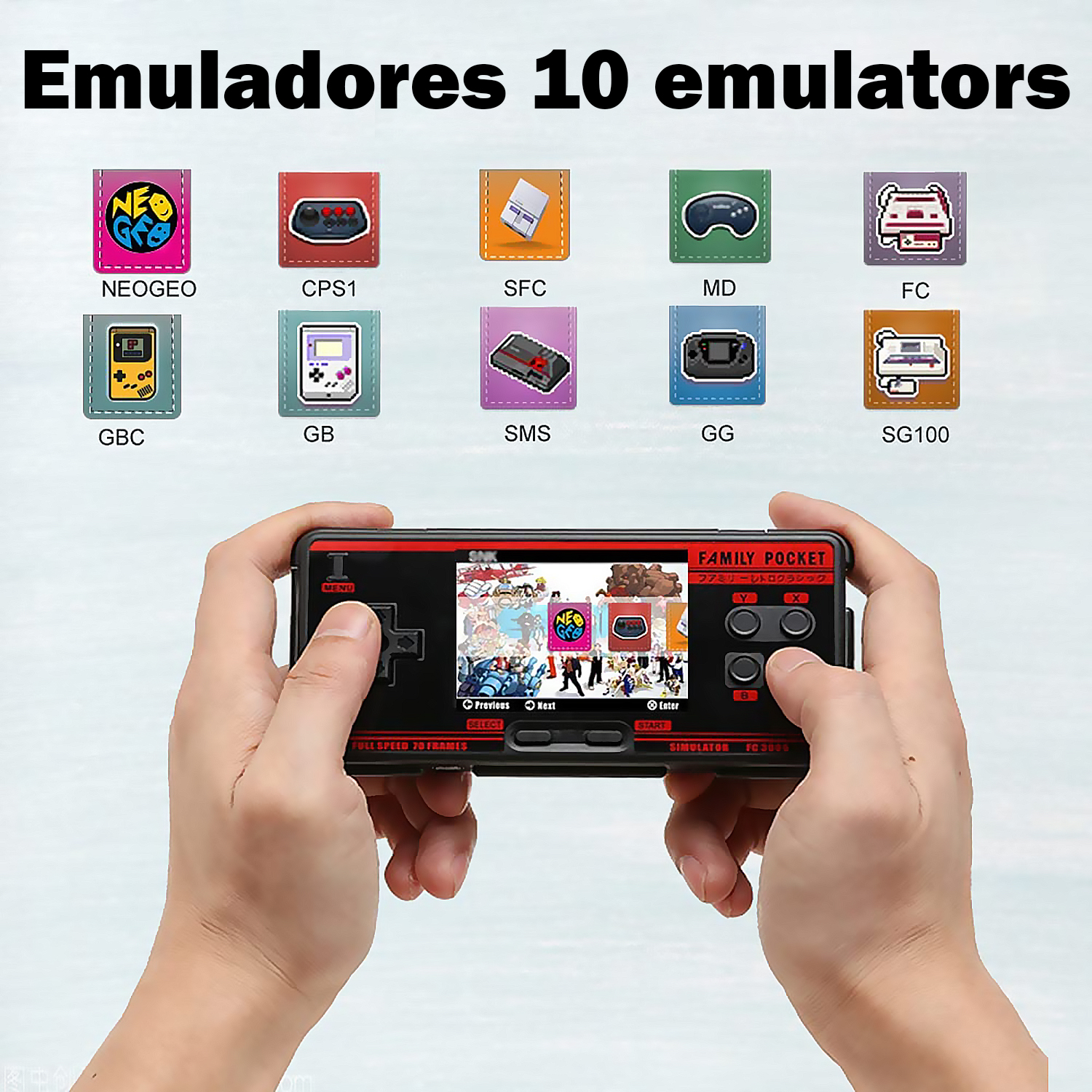 Dos manos sosteniendo una consola de juegos portátil con múltiples iconos de juegos retro en pantalla.