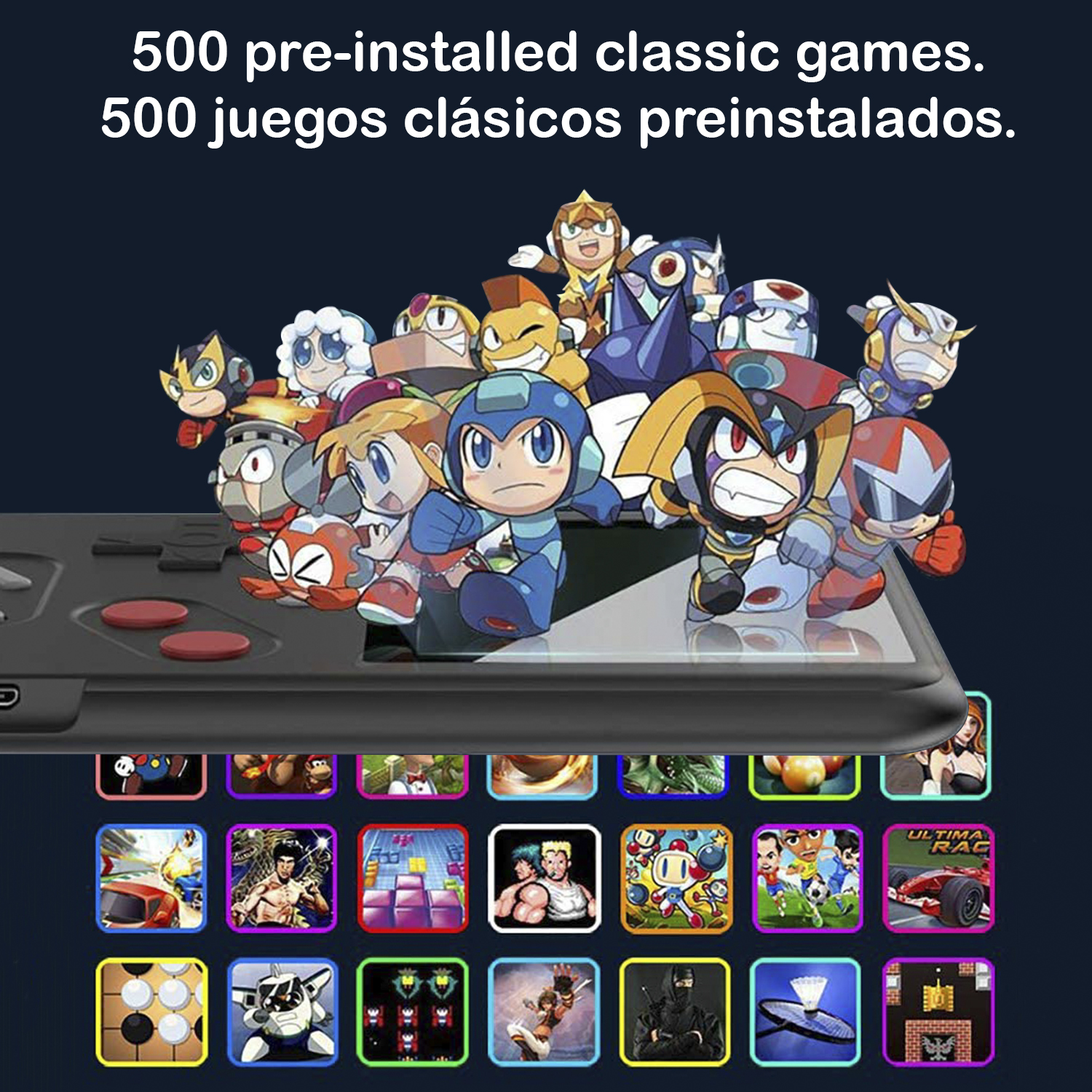 Una consola portátil con personajes de juegos e iconos de juegos.