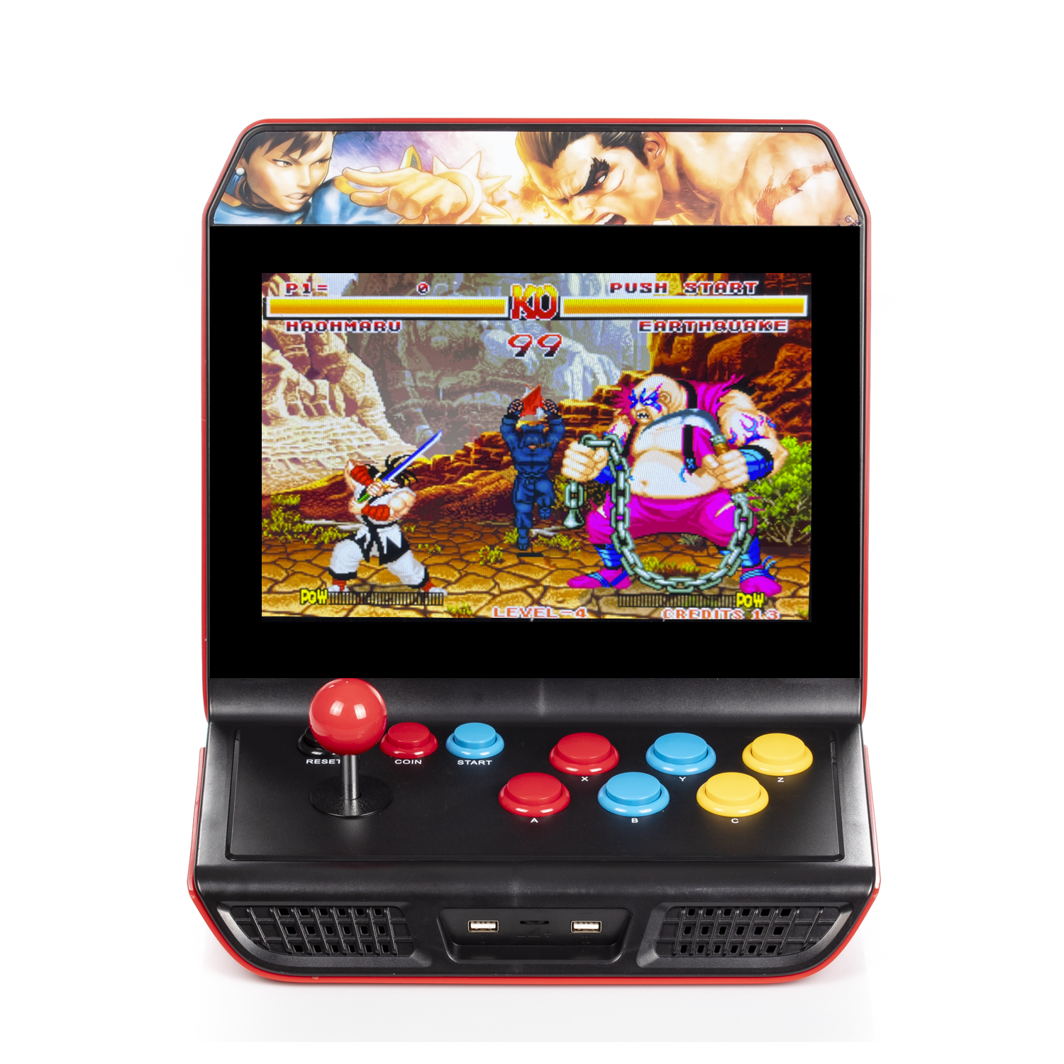 Máquina arcade roja con joystick, botones y pantalla mostrando un juego.