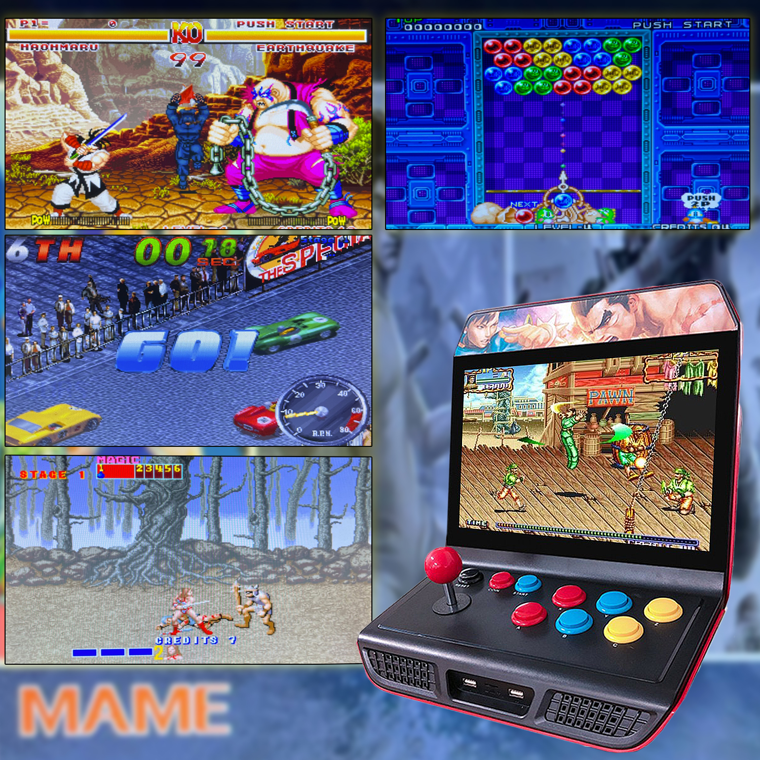 Múltiples pantallas de juegos arcade, con una pequeña máquina recreativa mostrando un juego.