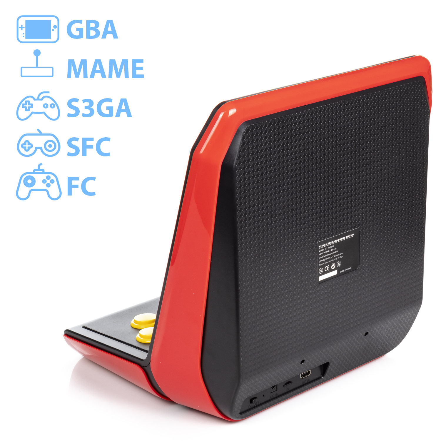 Consola de juegos roja y negra, vista en ángulo, con iconos de juegos y puertos.