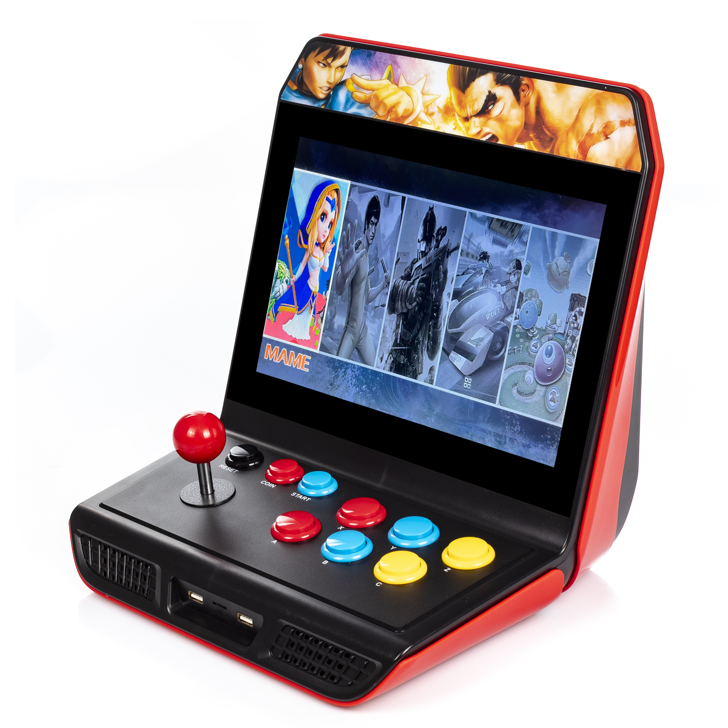 Consola de juegos arcade roja con joystick y botones, la pantalla muestra opciones de juego, con arte de lucha.