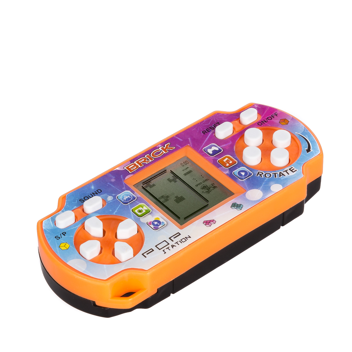 Consola portátil naranja con botones y pantalla pequeña, fondo blanco.