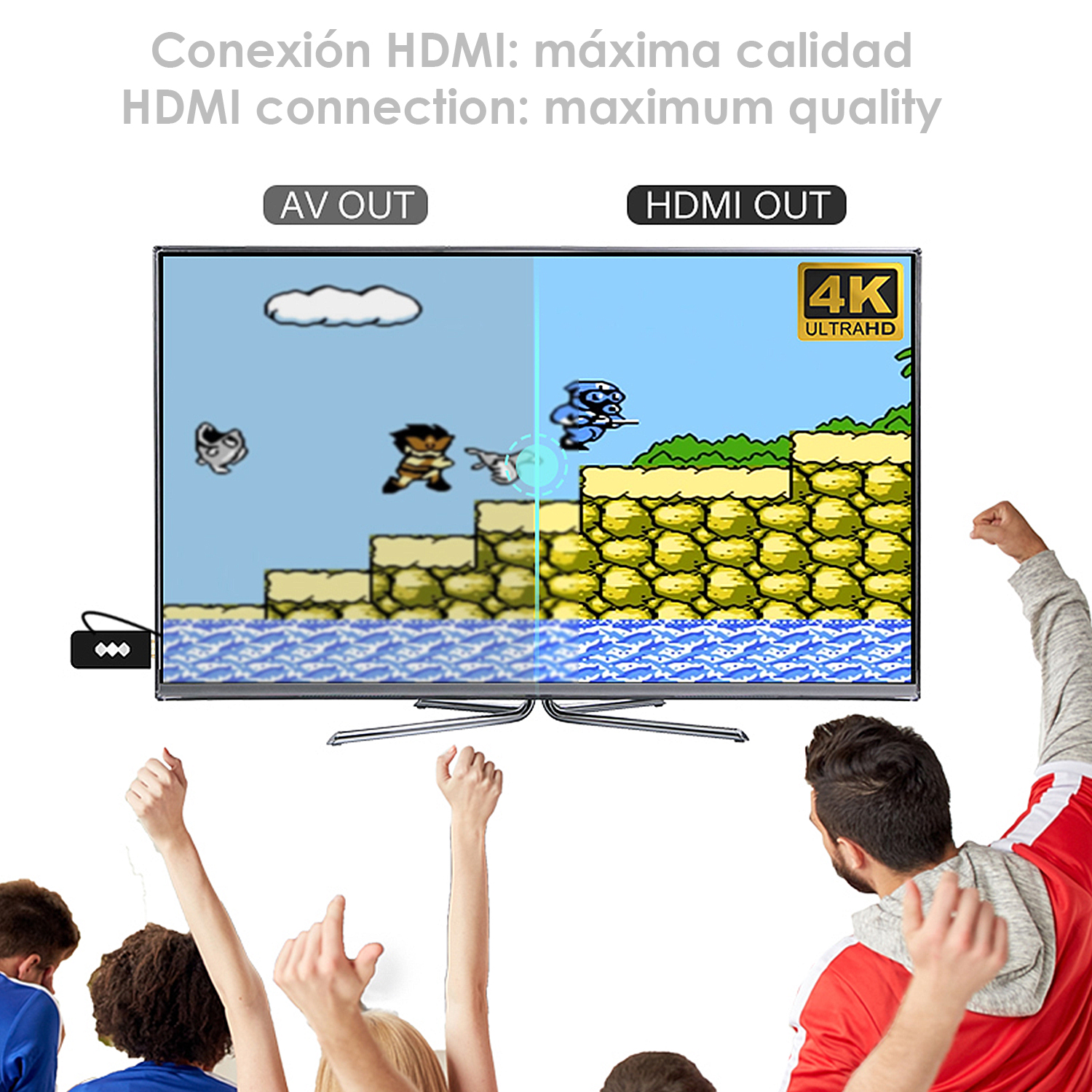 Pantalla de TV mostrando un juego retro, gente animando abajo.