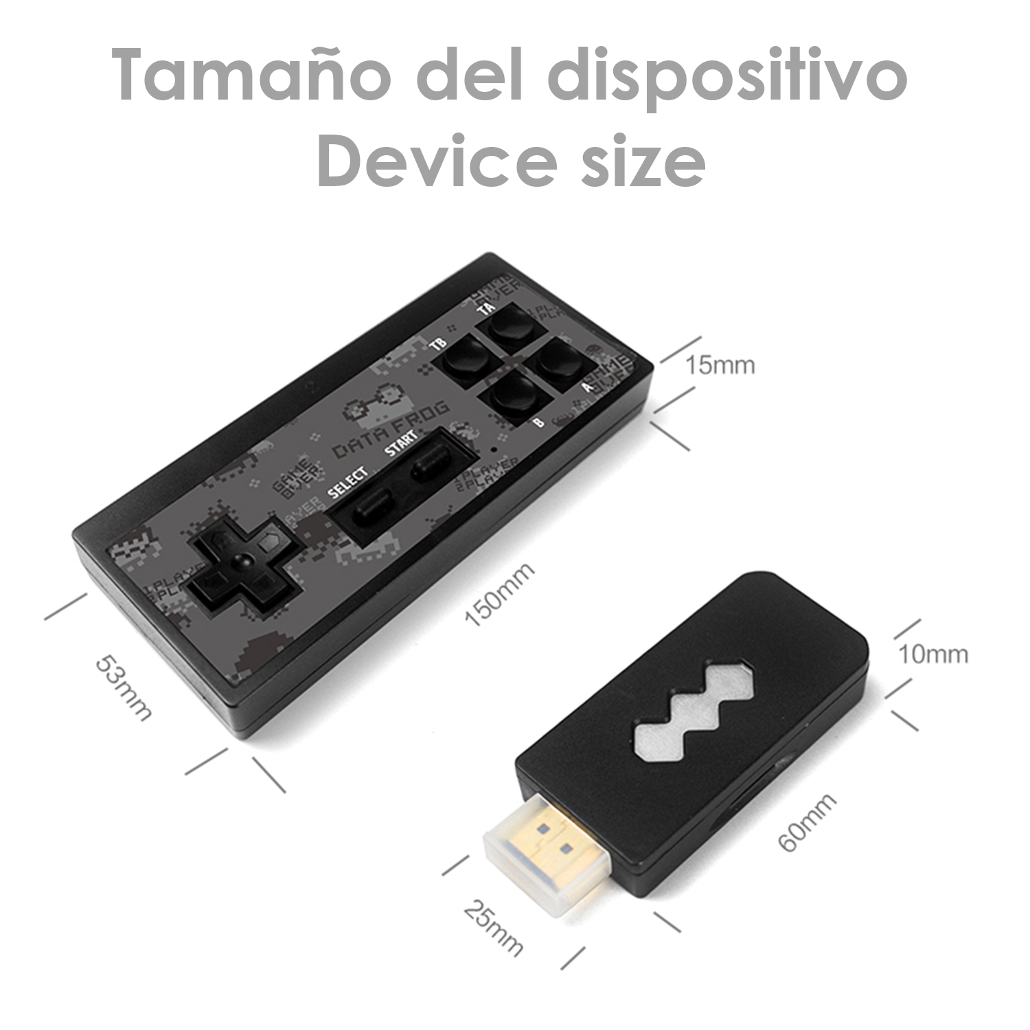 Consola de juegos y su mando, con medidas que indican su tamaño en milímetros.