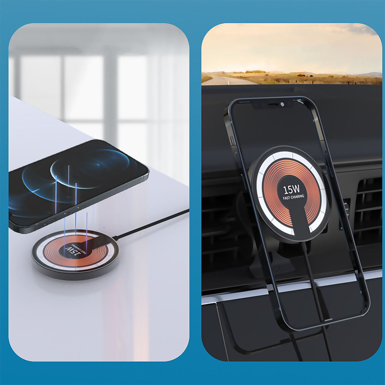 Due immagini che mostrano la ricarica wireless. Una ha un telefono su un caricatore, l'altra un telefono su un supporto per auto.