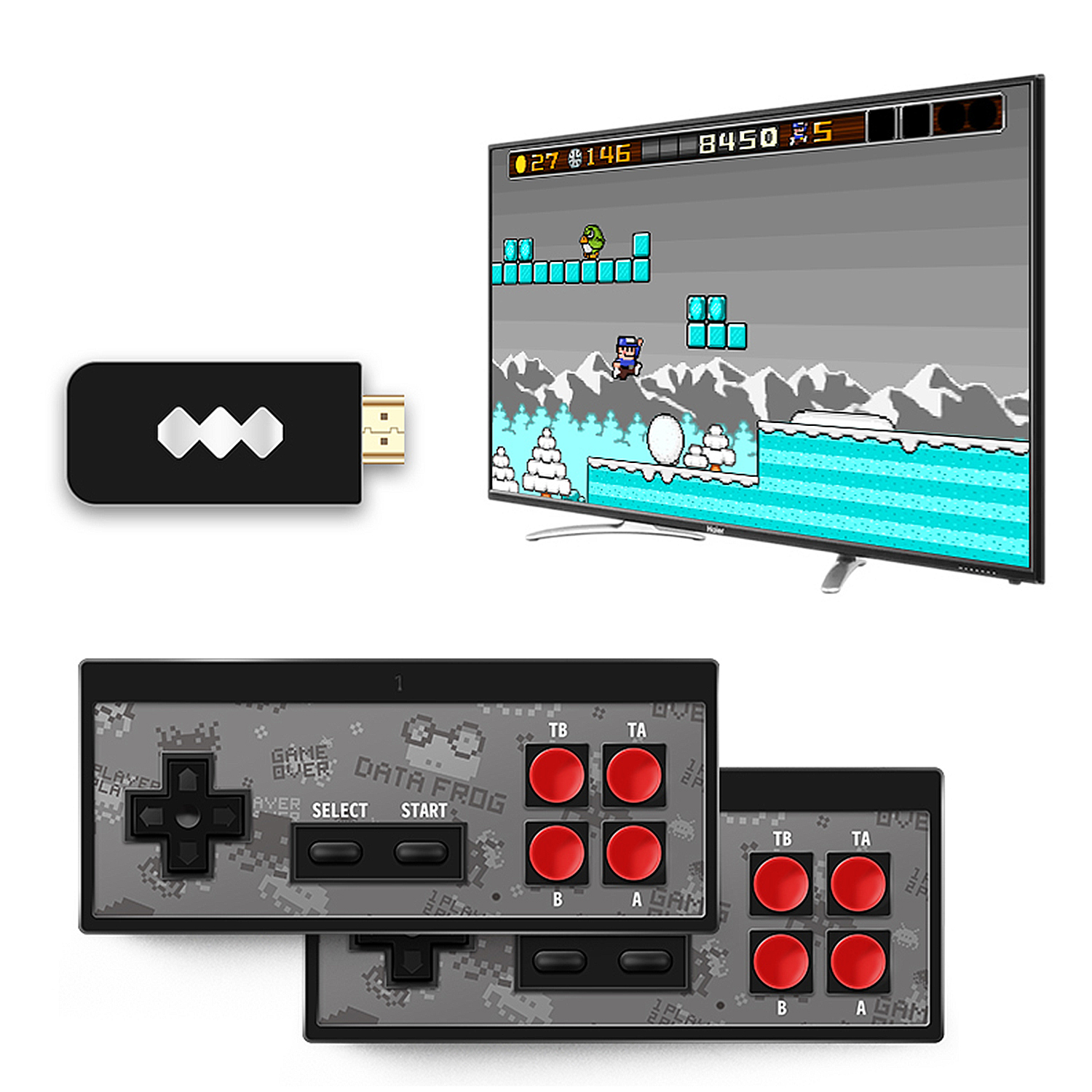 Un televisor muestra un juego retro. Un dispositivo negro conectado al televisor. Dos mandos de juego abajo.