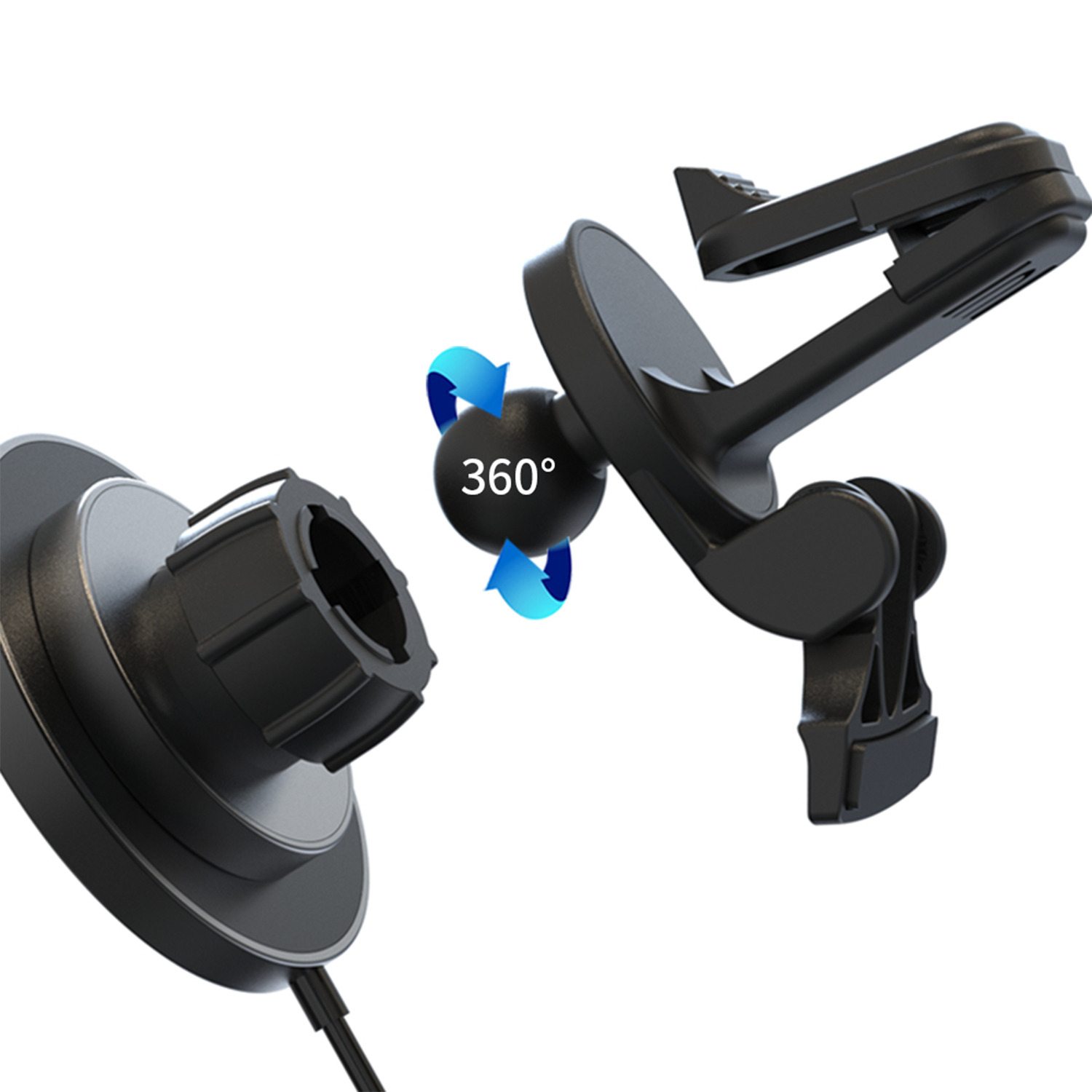 Supporto per telefono per auto nero con rotazione a 360 gradi su sfondo bianco.