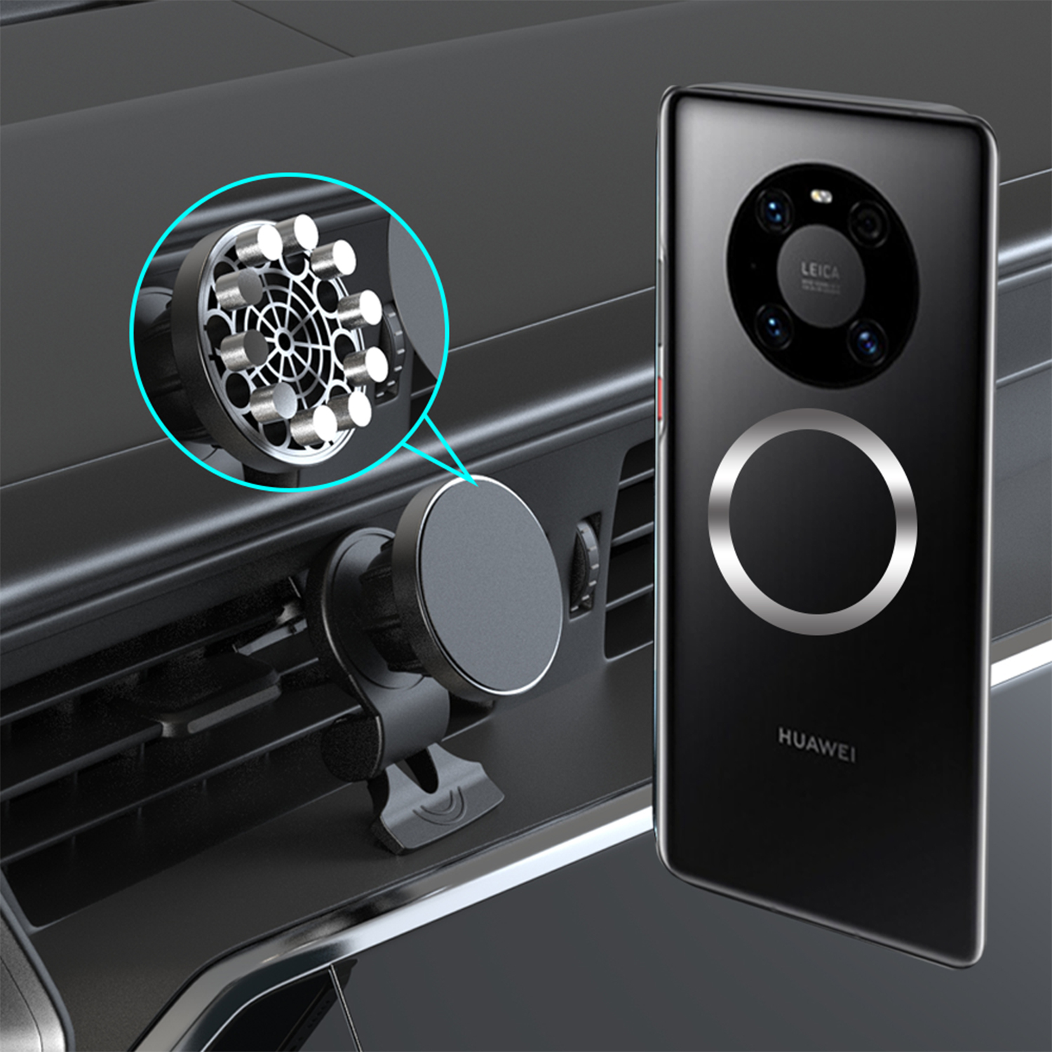 Un supporto per telefono con un telefono collegato, un cerchio magnetico sul retro, in un'auto.