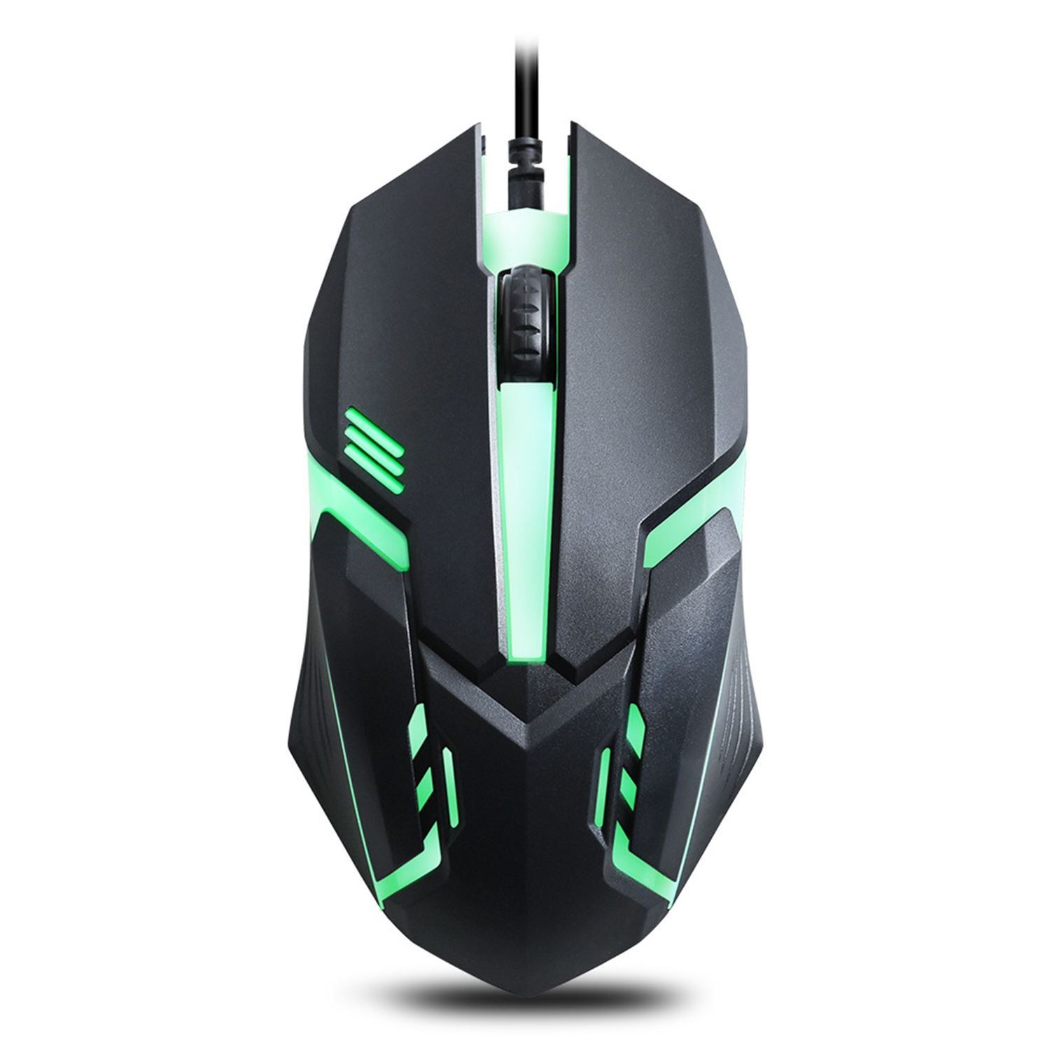 Ratón gaming negro con luces verdes, vista superior.