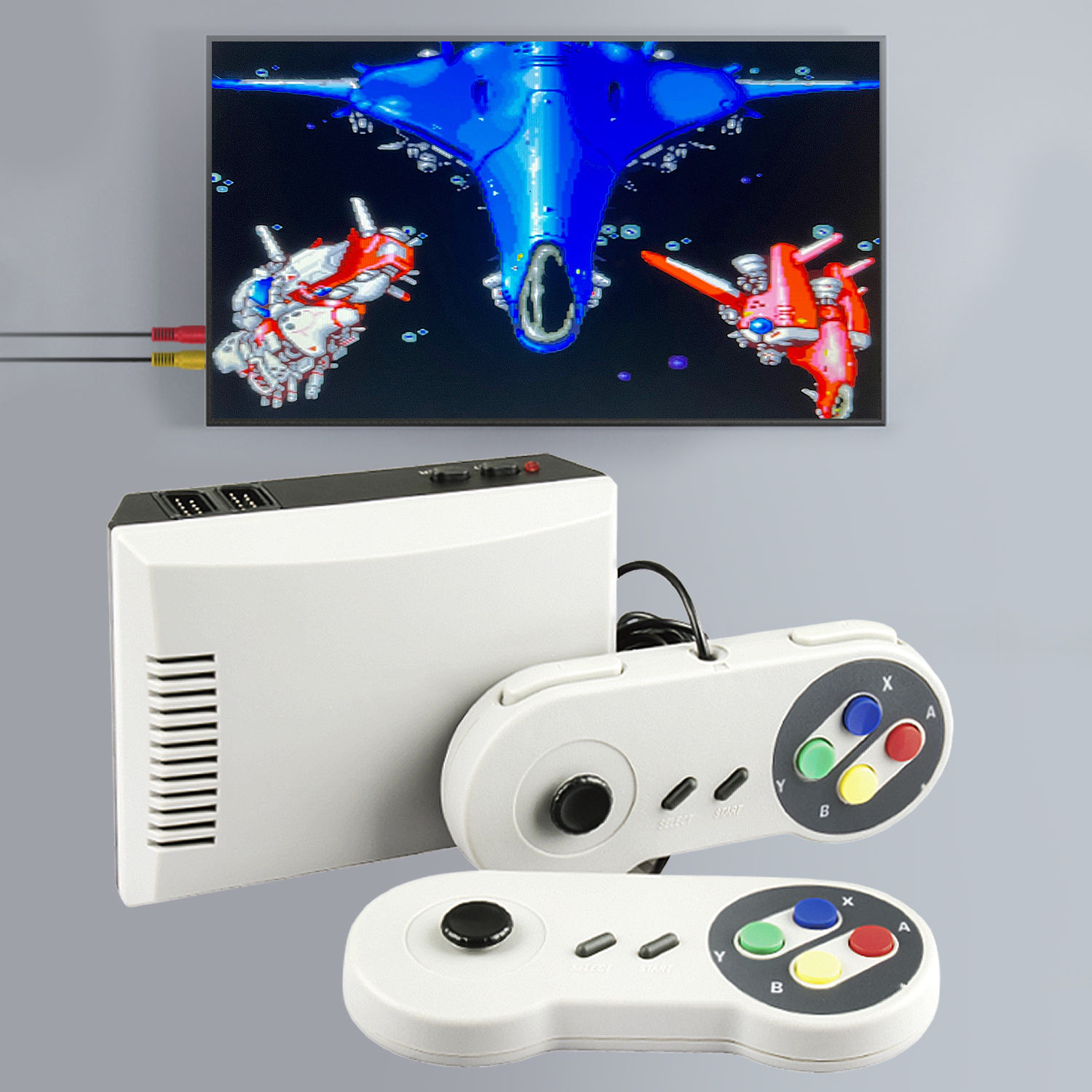 Consola de juegos retro conectada a un televisor, con dos mandos delante.