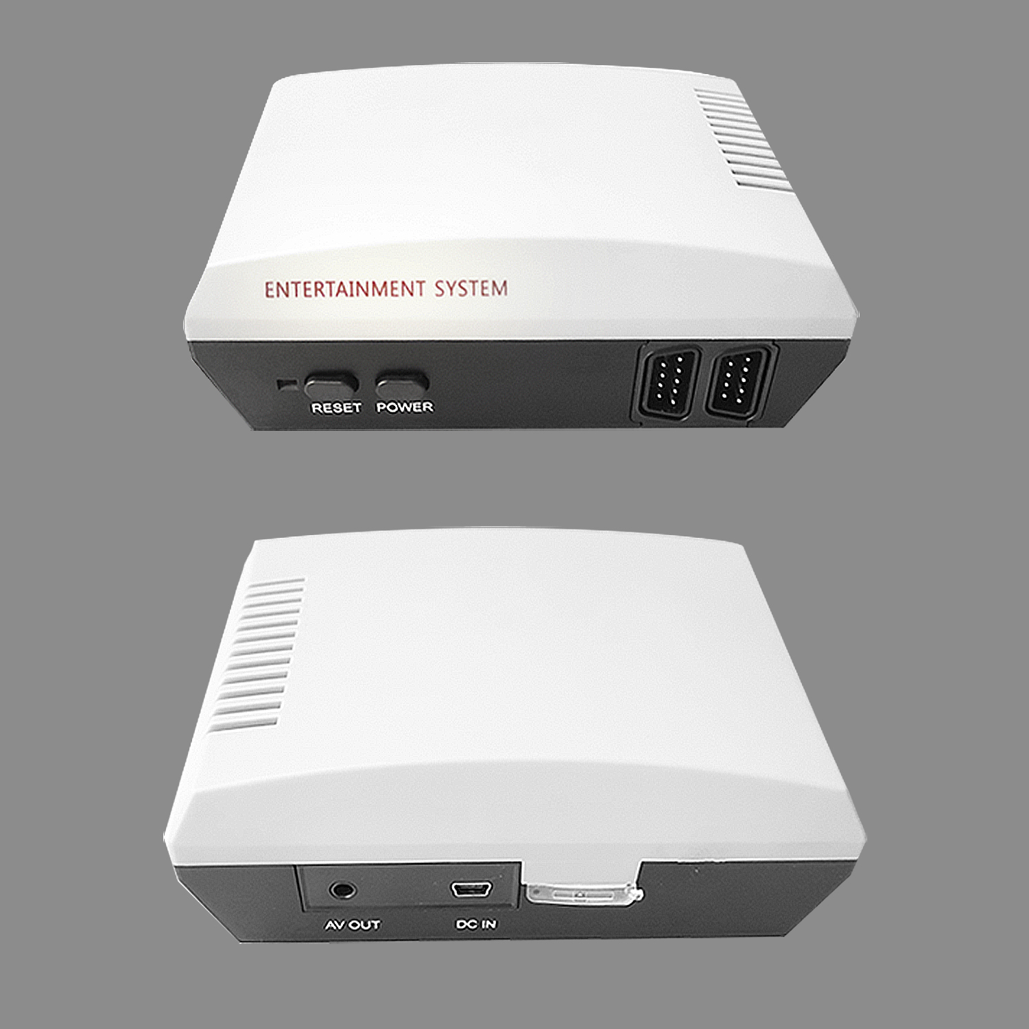 Dos vistas de una consola de juegos retro blanca y gris con texto.