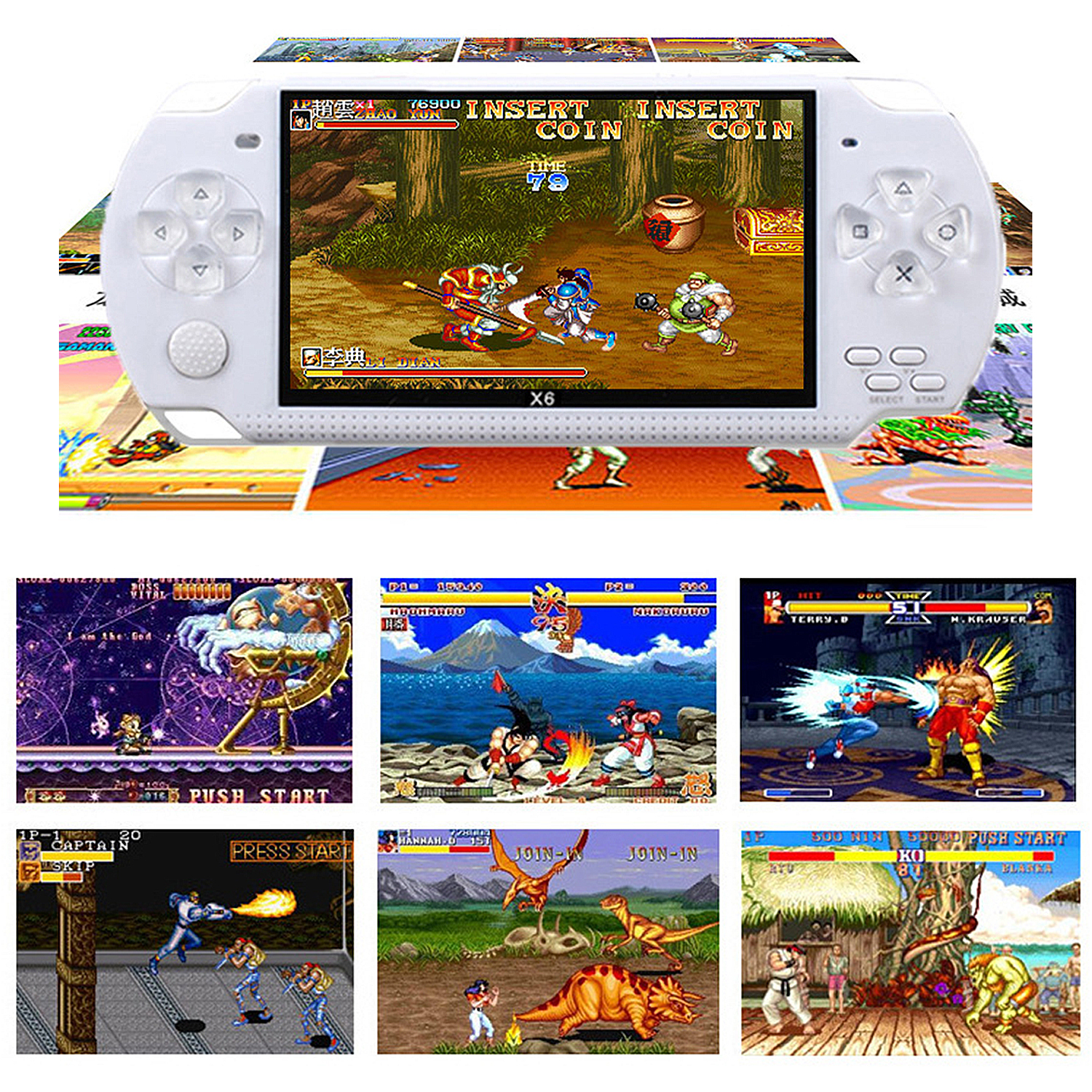 Consola de juegos portátil retro con múltiples pantallas de juegos en el fondo, fondo blanco.