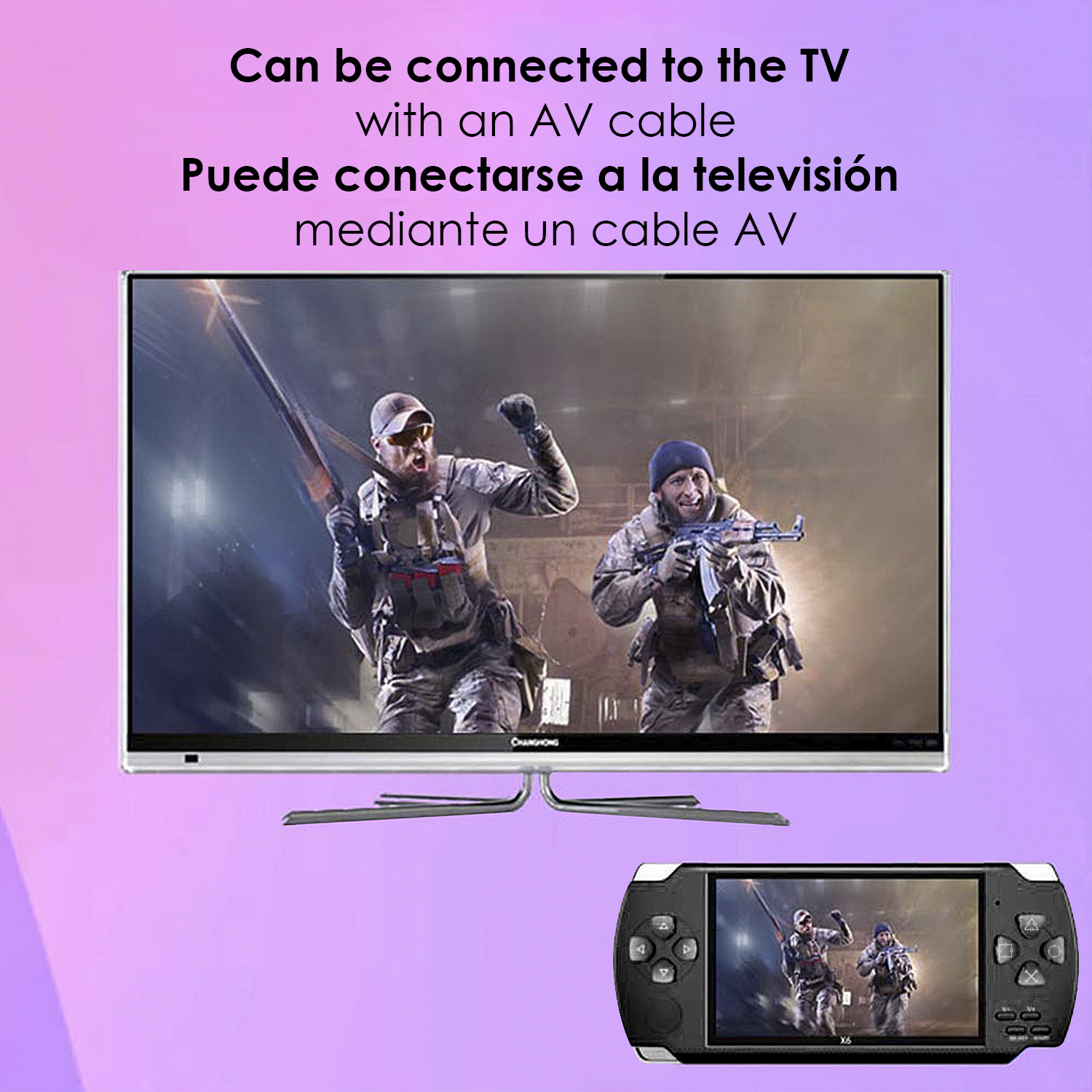 Una pantalla de TV que muestra soldados y una pequeña consola portátil debajo.