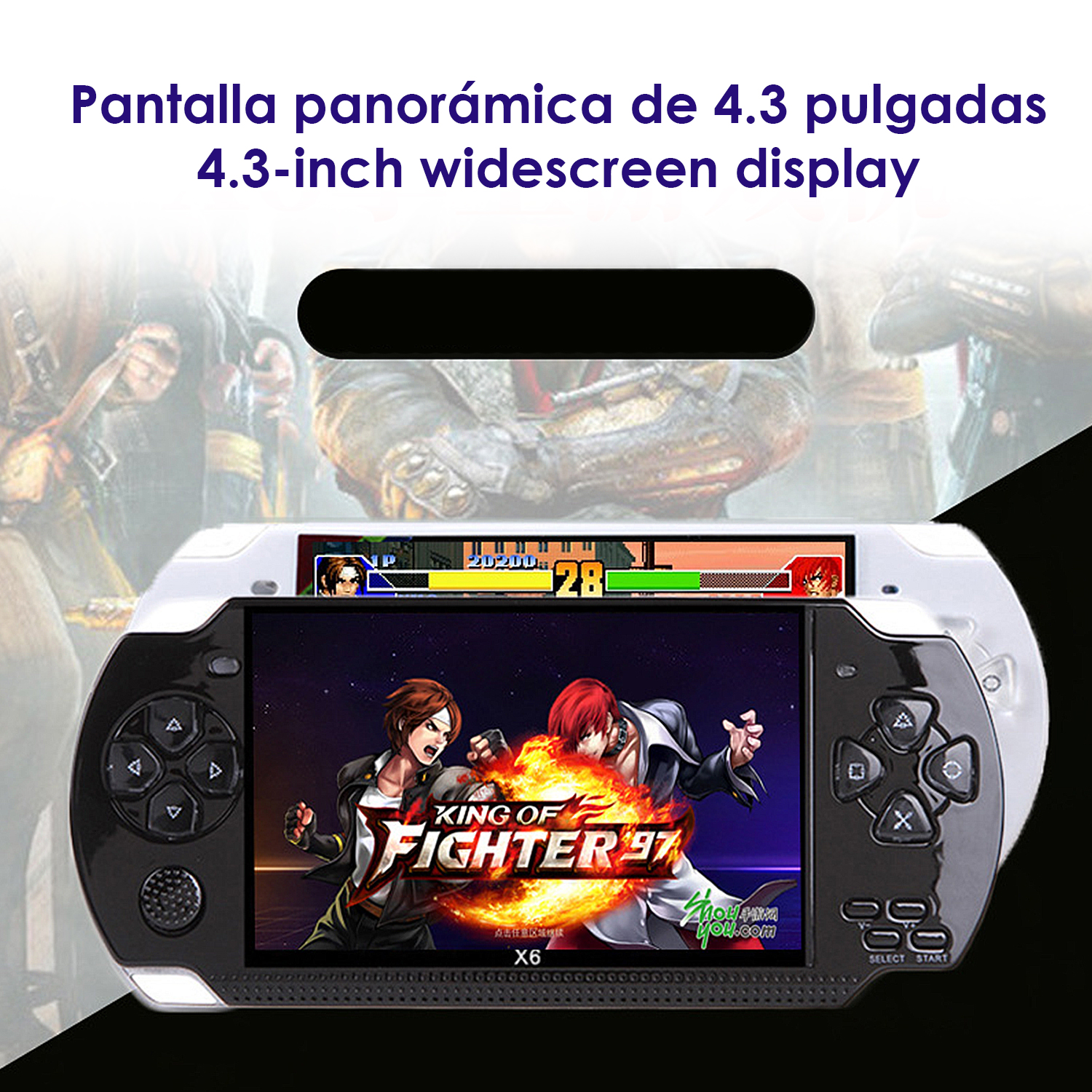 Consola de juegos portátil en blanco y negro. Muestra la pantalla del juego de lucha.