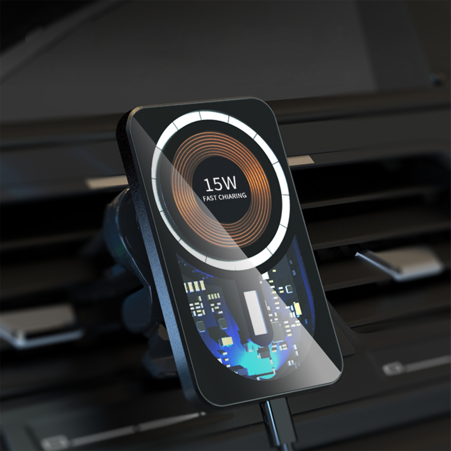 Caricatore wireless nero nella presa d'aria dell'auto. Mostra 15W e ricarica rapida.