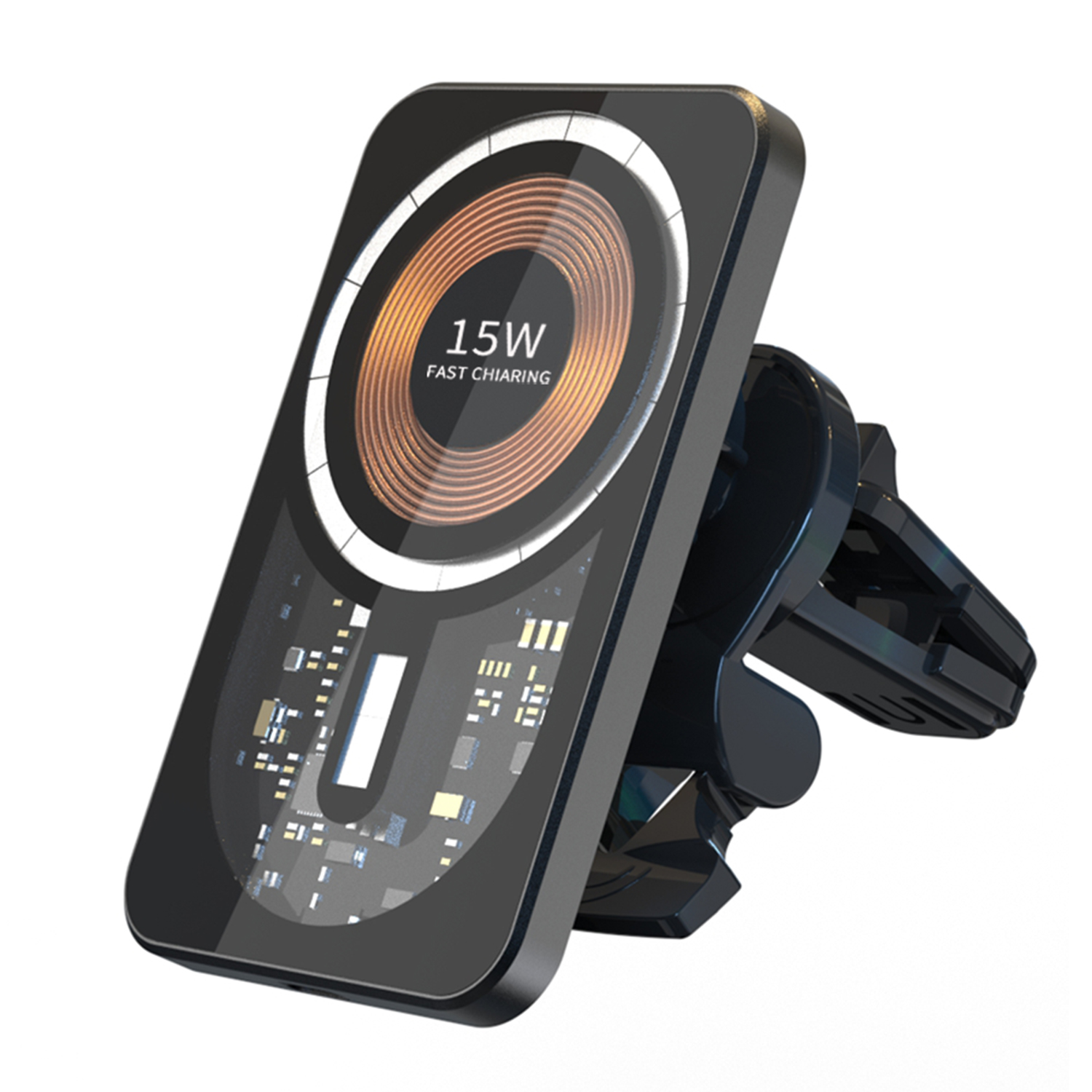 Caricabatterie per auto nero con piastra di ricarica wireless e testo 15W.