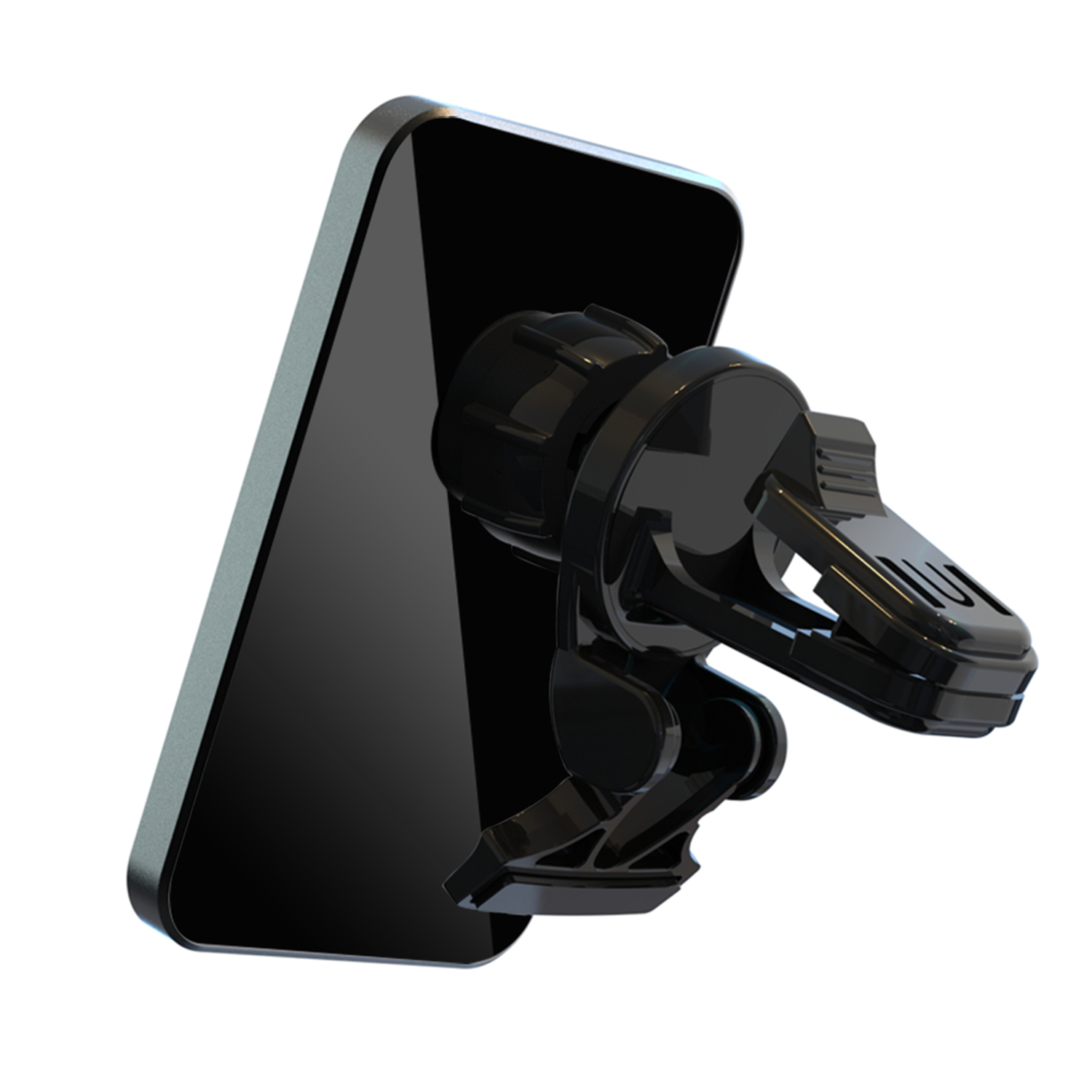 Un supporto per auto per telefono nero, con un telefono attaccato, su sfondo bianco.