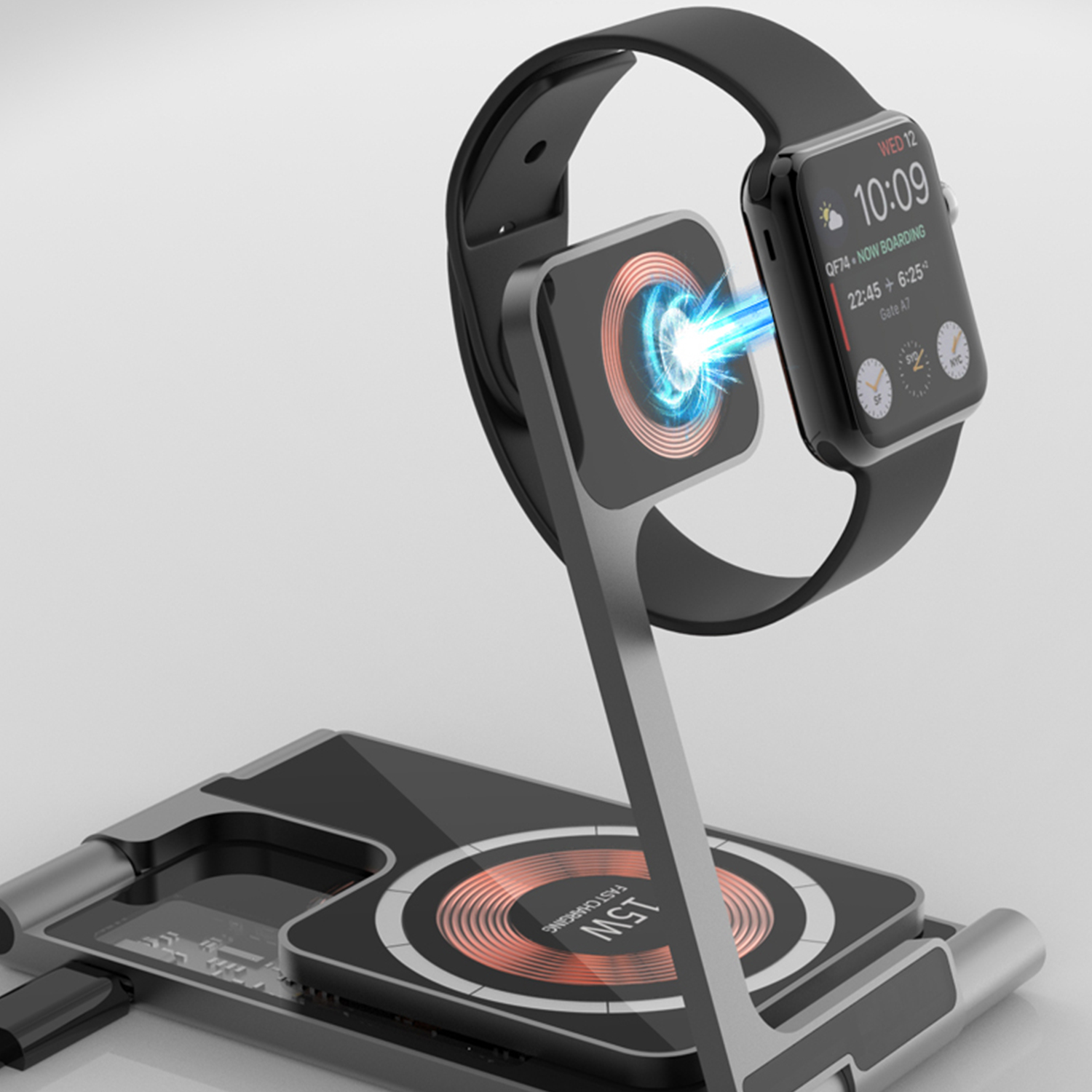 Uno smartwatch su un supporto di ricarica, con indicatore di ricarica. Sfondo bianco e grigio.