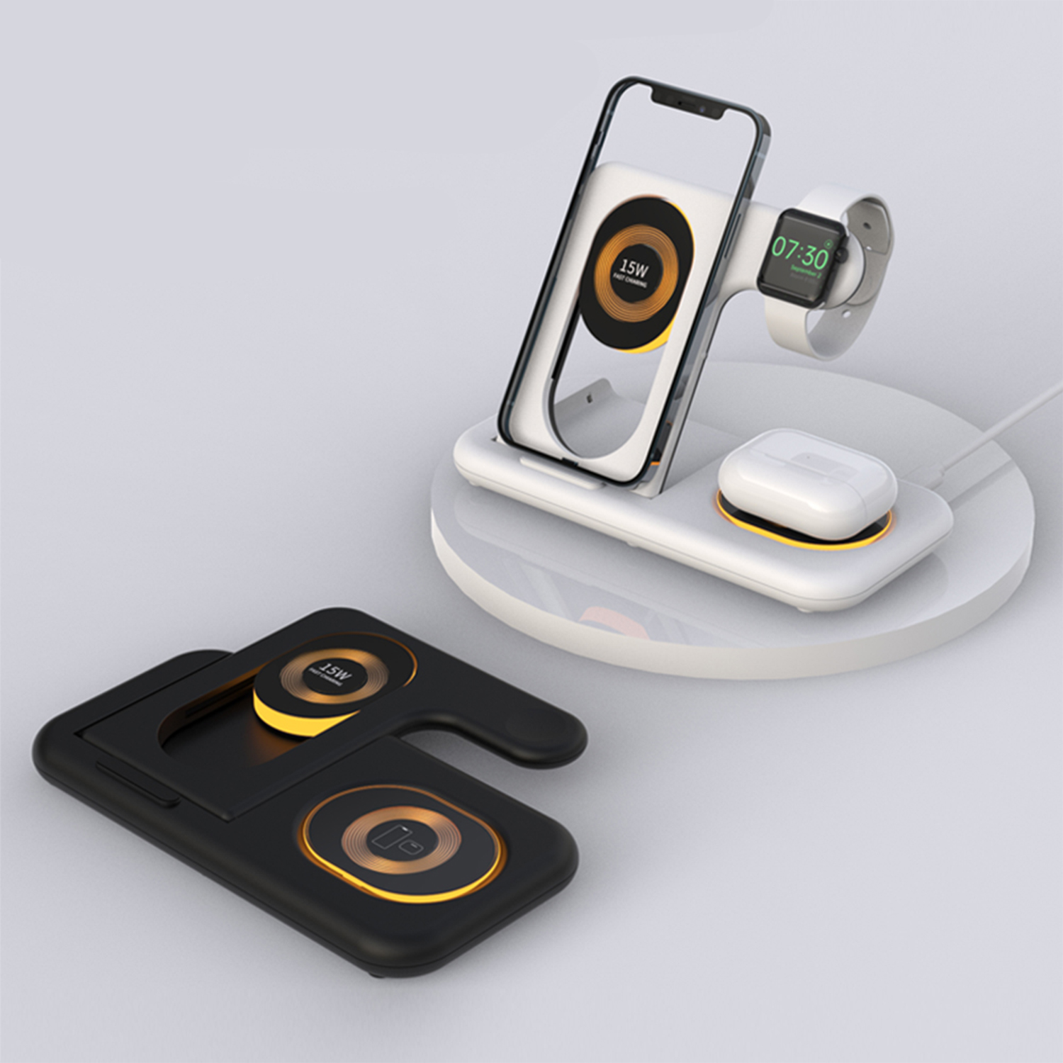 Una stazione di ricarica wireless con telefono, orologio e auricolari.