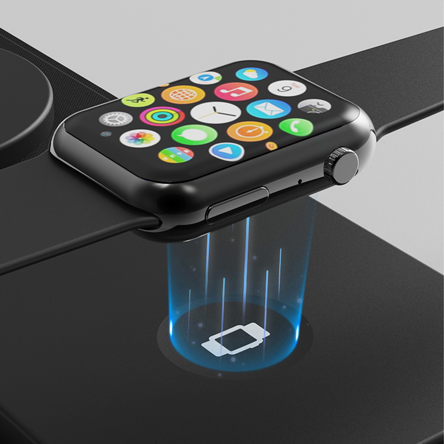 Smartwatch nero su un caricatore nero, la luce blu indica la ricarica. Orologio mostra icone di app colorate.