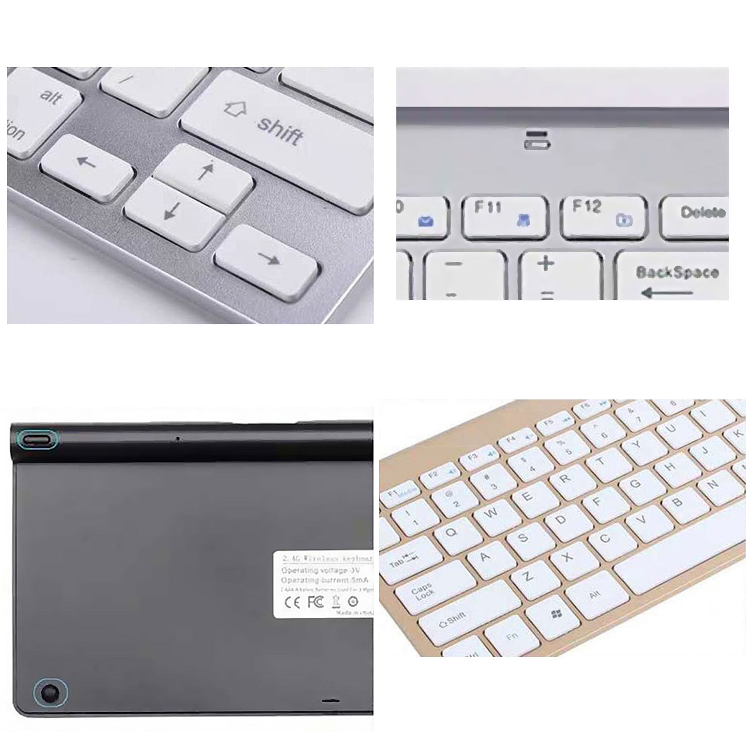 Primer plano de un teclado mostrando teclas y una tableta con puerto de carga y detalles del teclado.