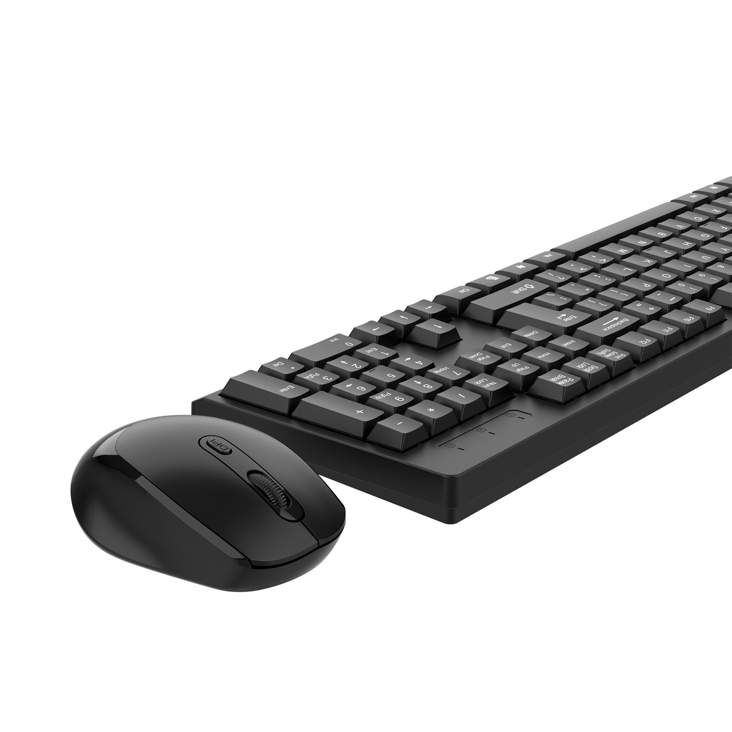 Un set di tastiera e mouse wireless neri. La tastiera ha tasti neri e il mouse una rotella di scorrimento.