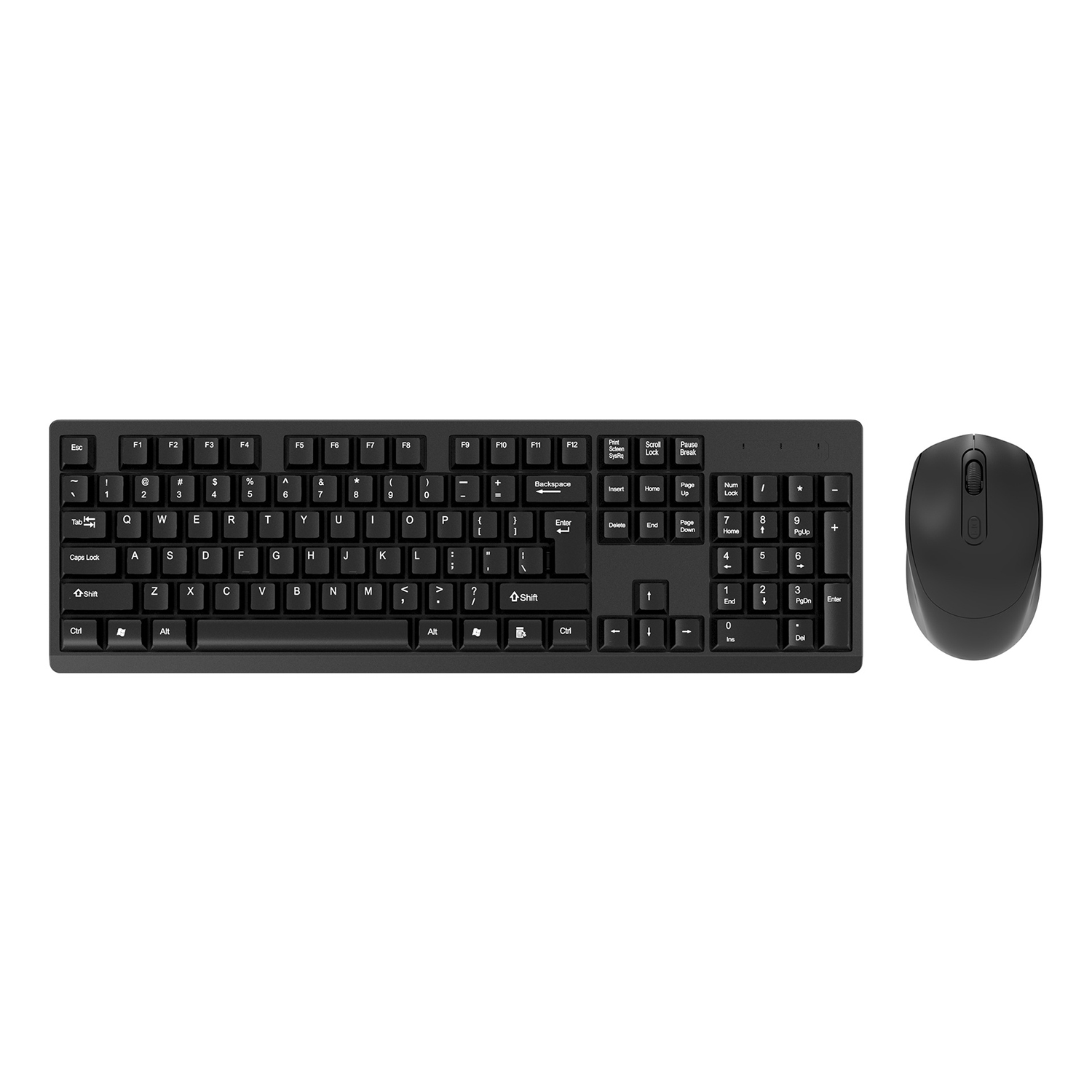 Tastiera e mouse wireless neri, sfondo bianco.