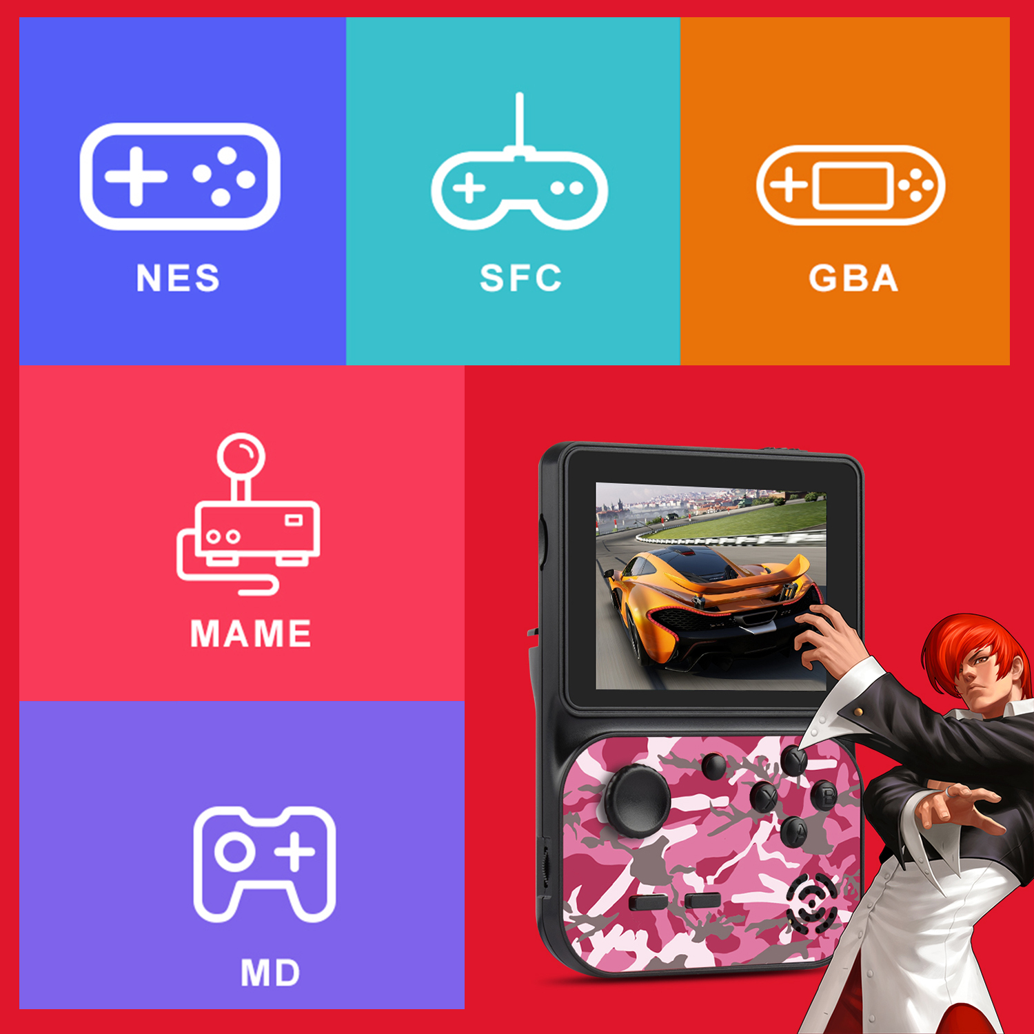 Gráficos que representan tipos de consolas de juegos: NES, SFC, GBA, MAME y MD, con una consola portátil.